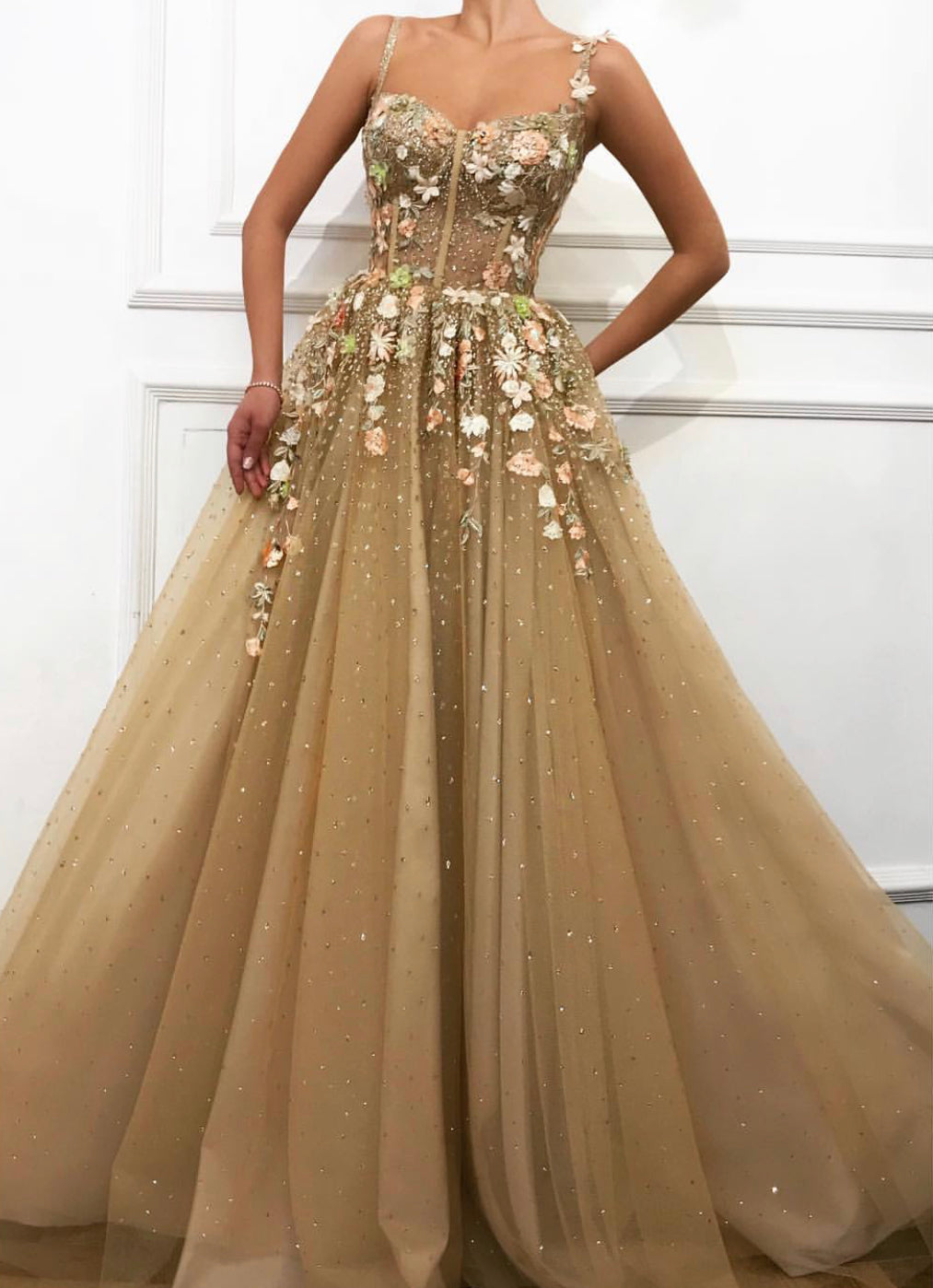 Brown A-Line dress with spaghetti straps and embroidery