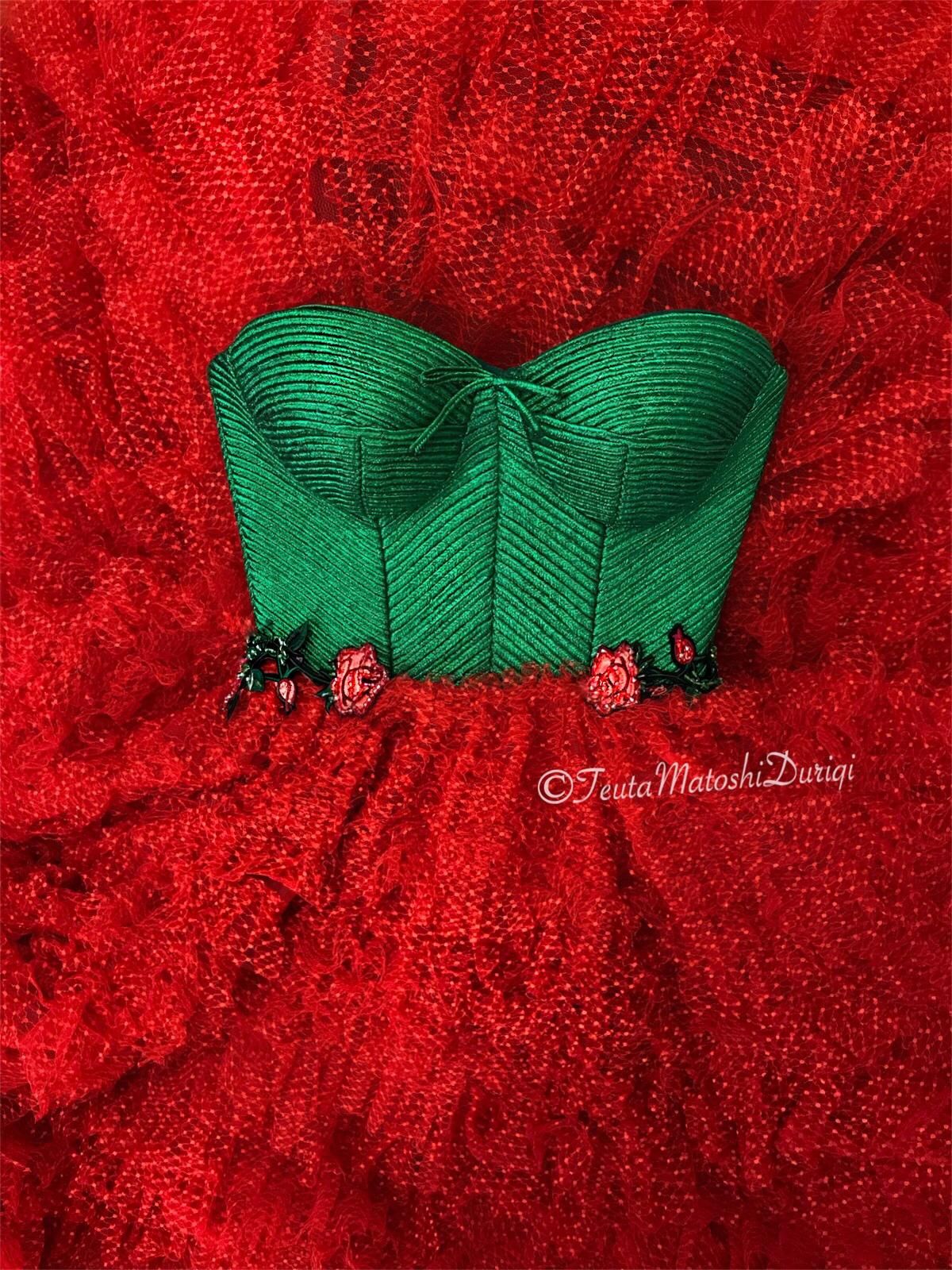 Green and red A-Line dress with no sleeves and embroidery