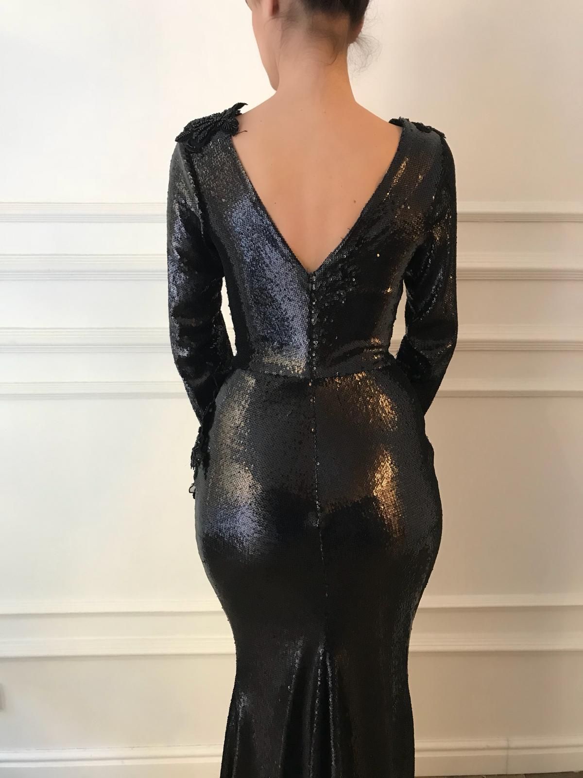 Black mermaid dress with long sleeves, v-neck and embroidery