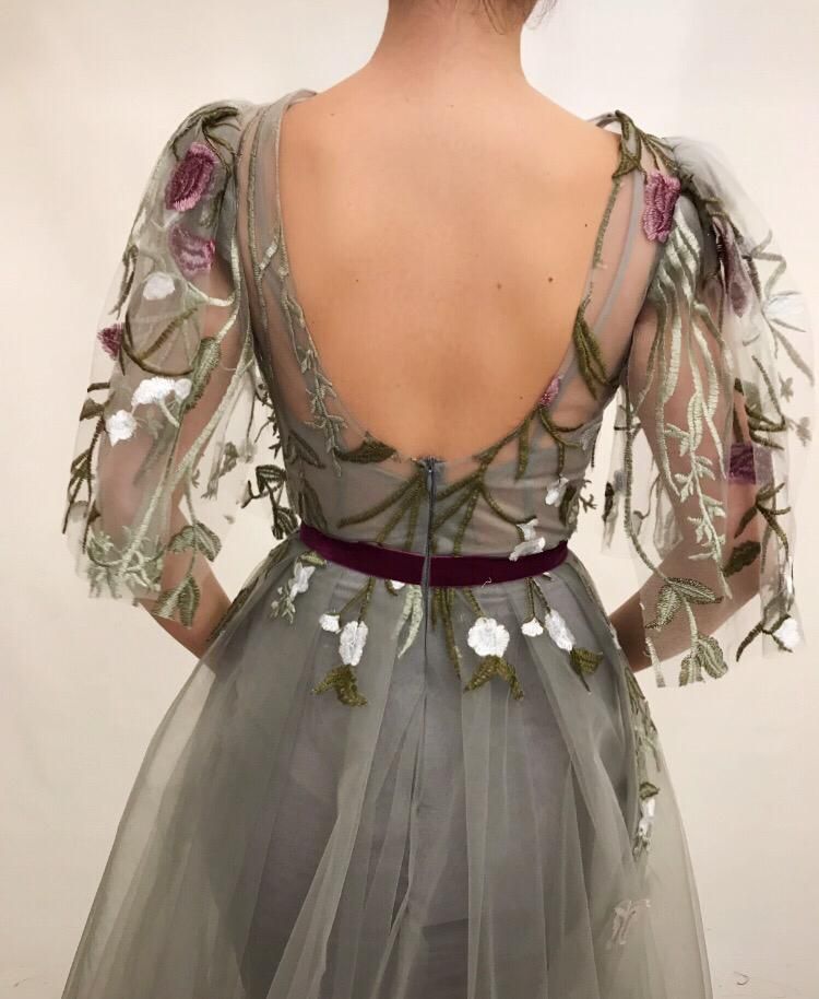 Grey A-Line dress with short sleeves and embroidery