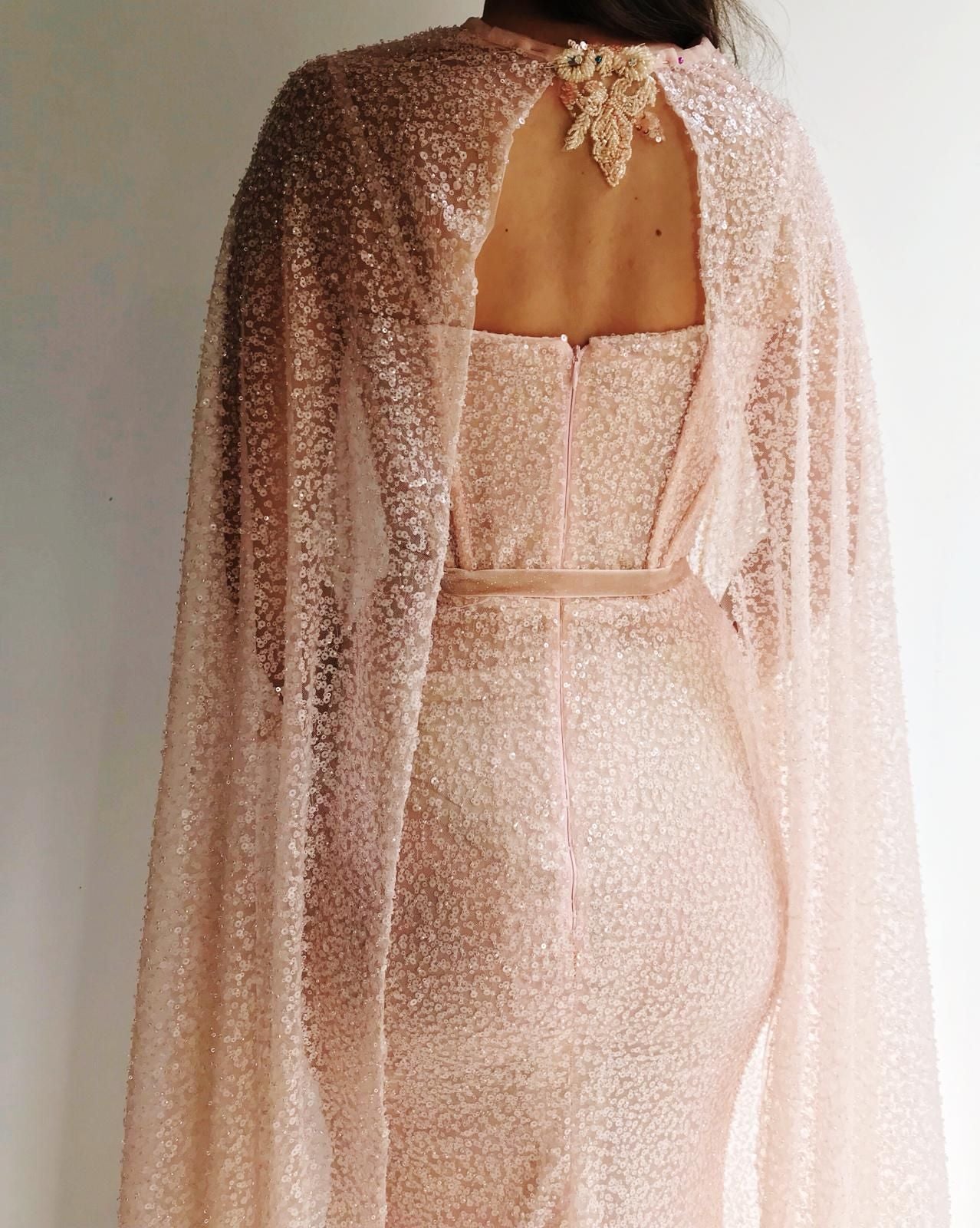Pink mermaid dress with embroidery, cape and sequins
