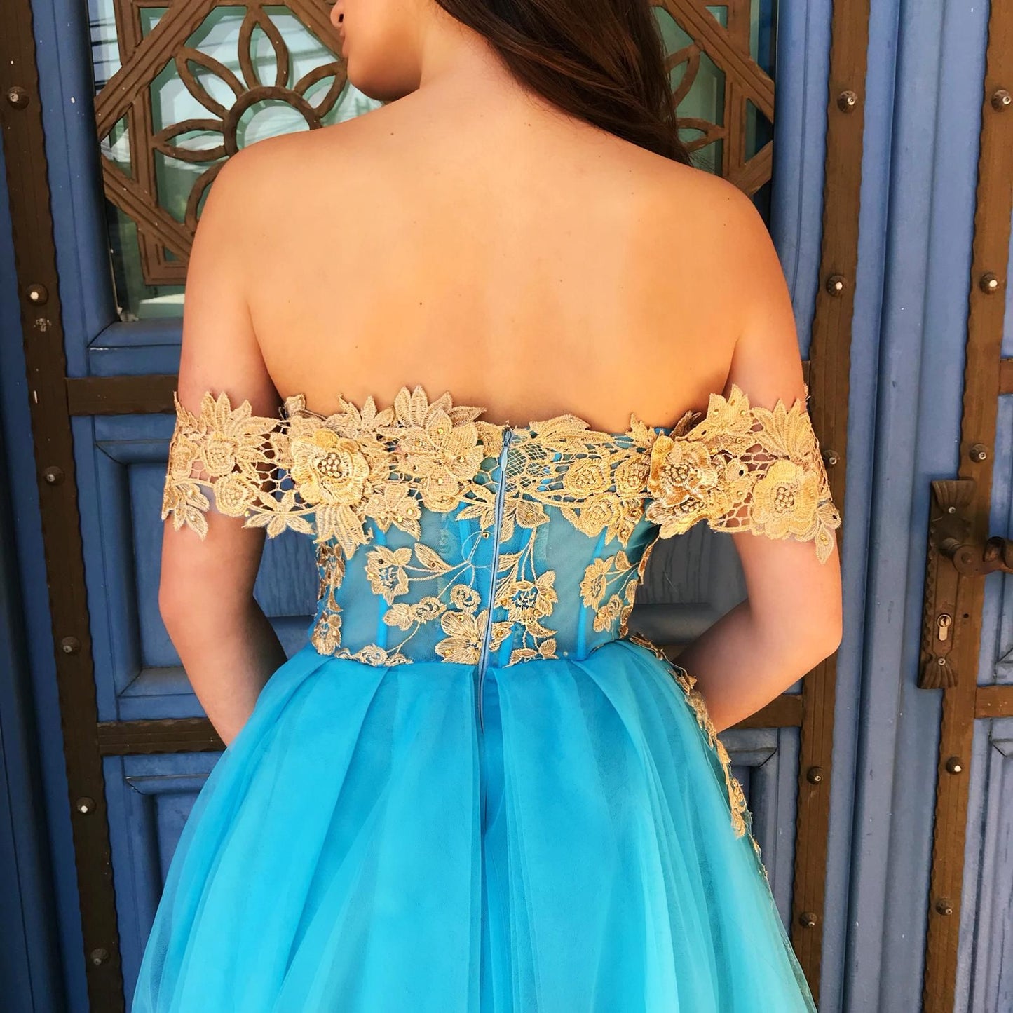Blue A-Line dress with off the shoulder sleeves and embroidery