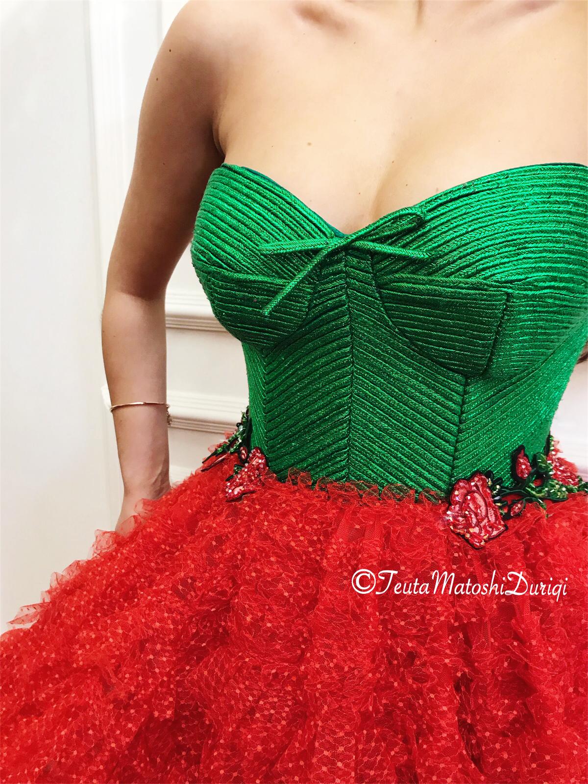 Green and red A-Line dress with no sleeves and embroidery