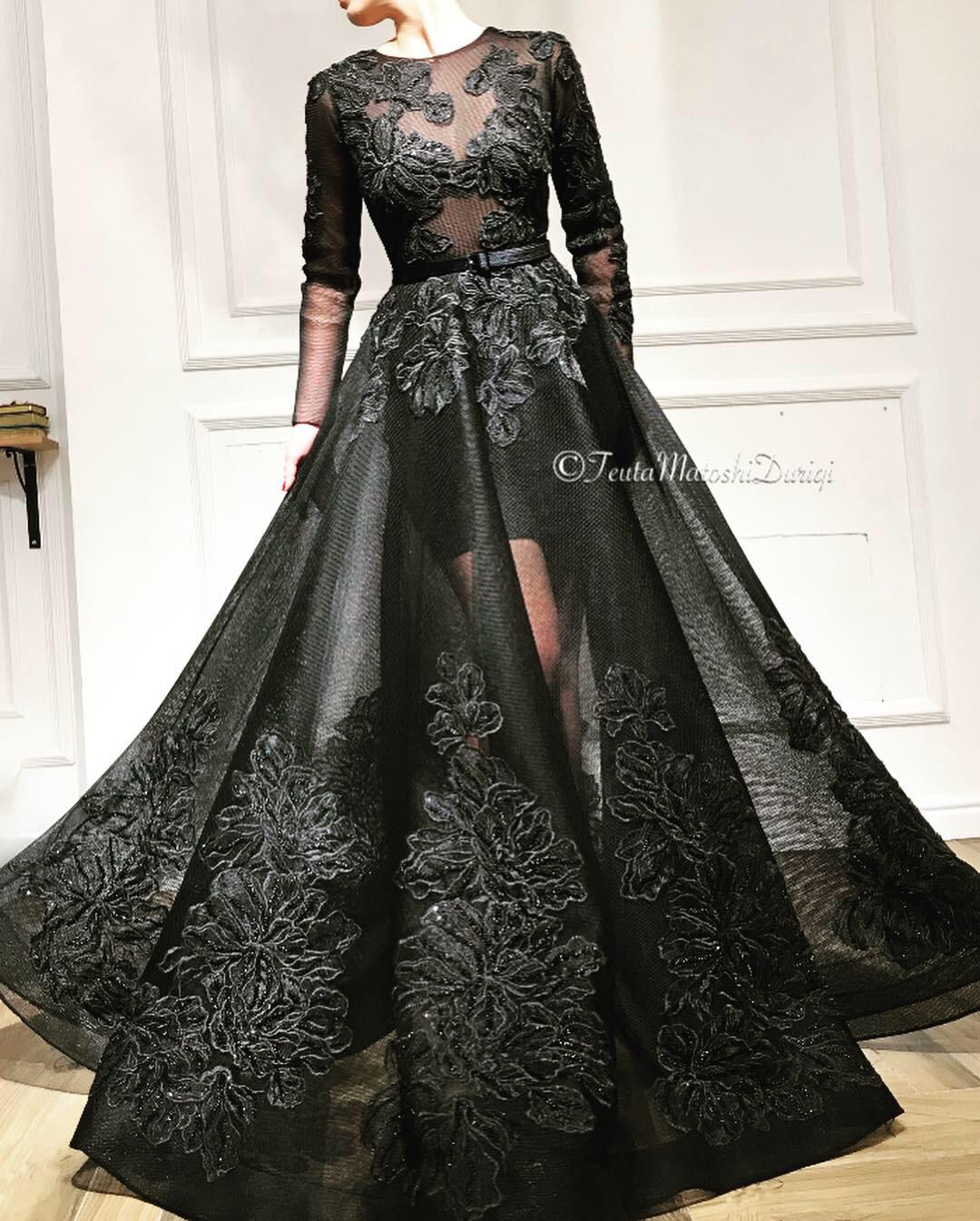 Black A-Line dress with belt, long sleeves and lace