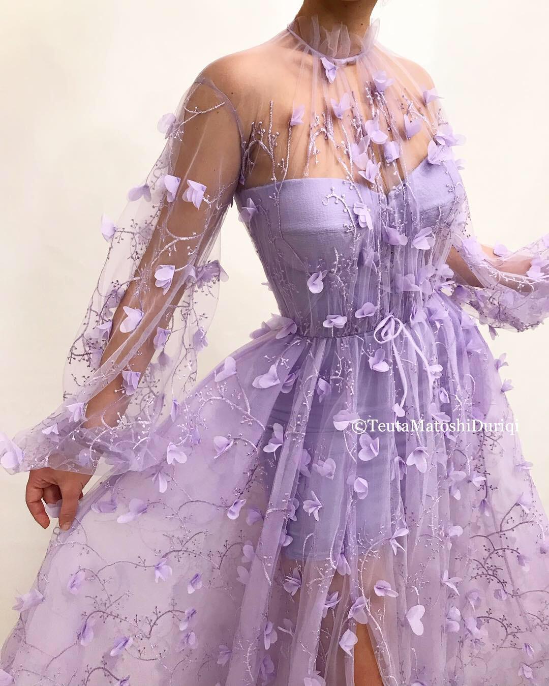 Purple A-Line dress with long sleeves, lace and embroidery