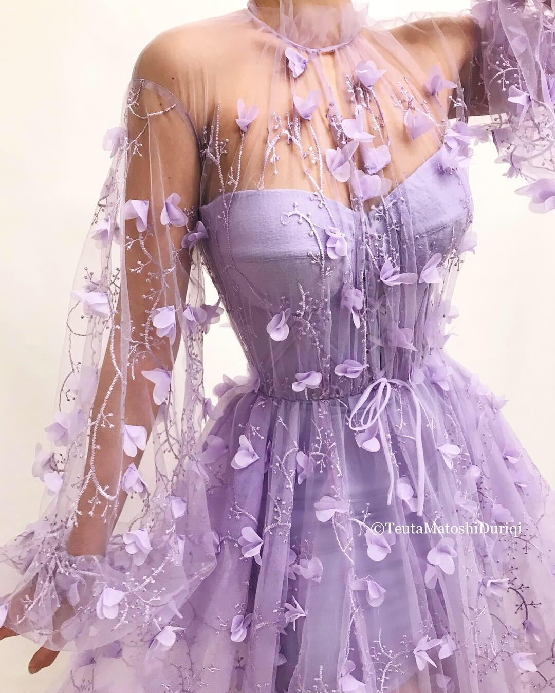 Purple A-Line dress with long sleeves, lace and embroidery