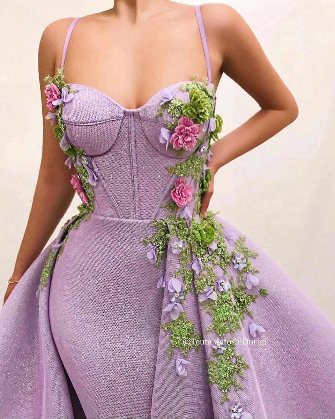 Purple overskirt dress with spaghetti straps and embroidery