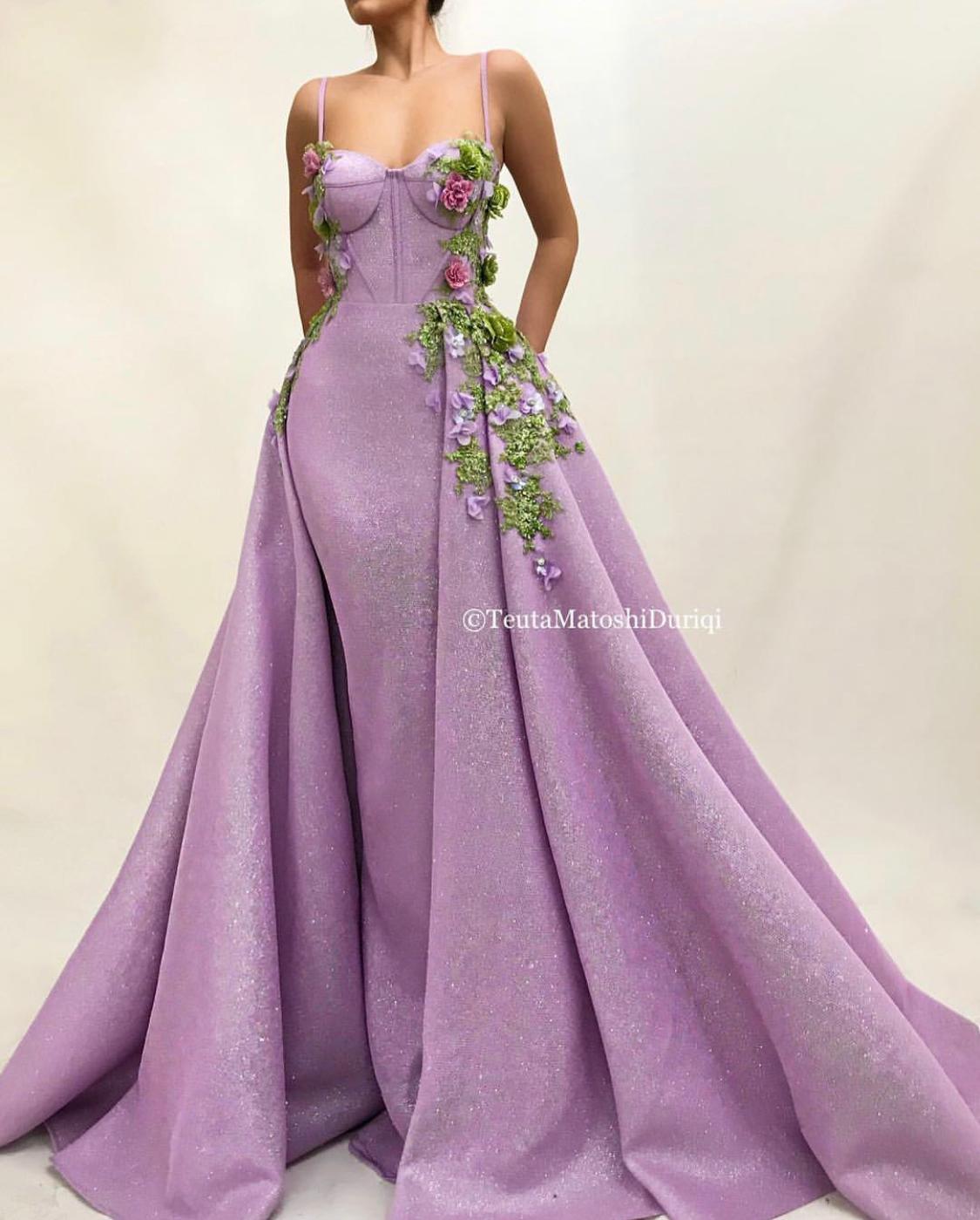 Purple overskirt dress with spaghetti straps and embroidery