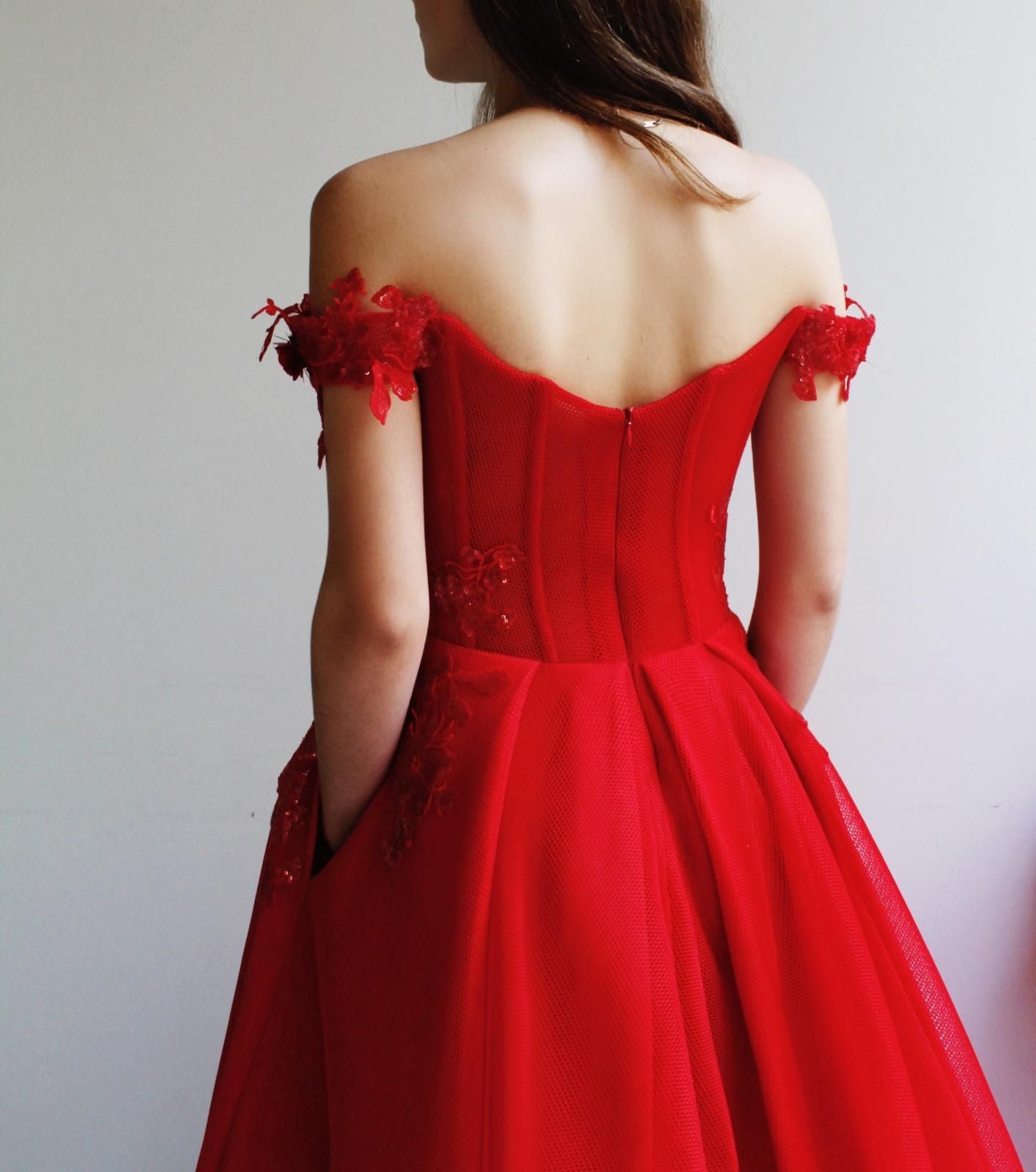 Red A-Line dress with embroidery and off the shoulder sleeves