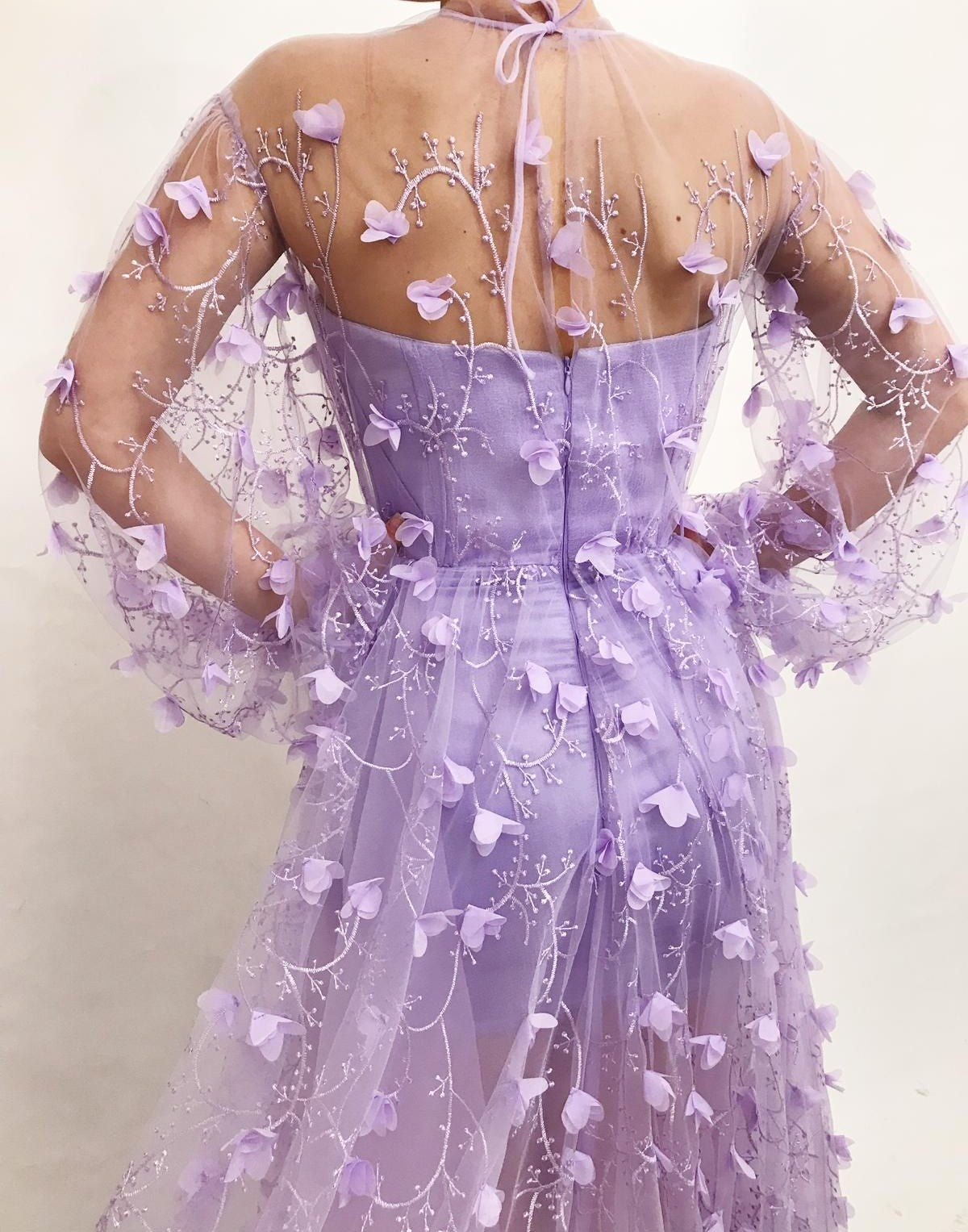 Purple A-Line dress with long sleeves, lace and embroidery