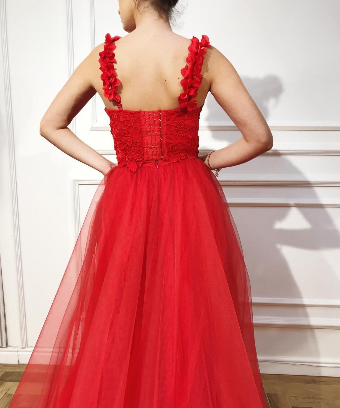 Red A-Line dress with spaghetti straps and embroidery