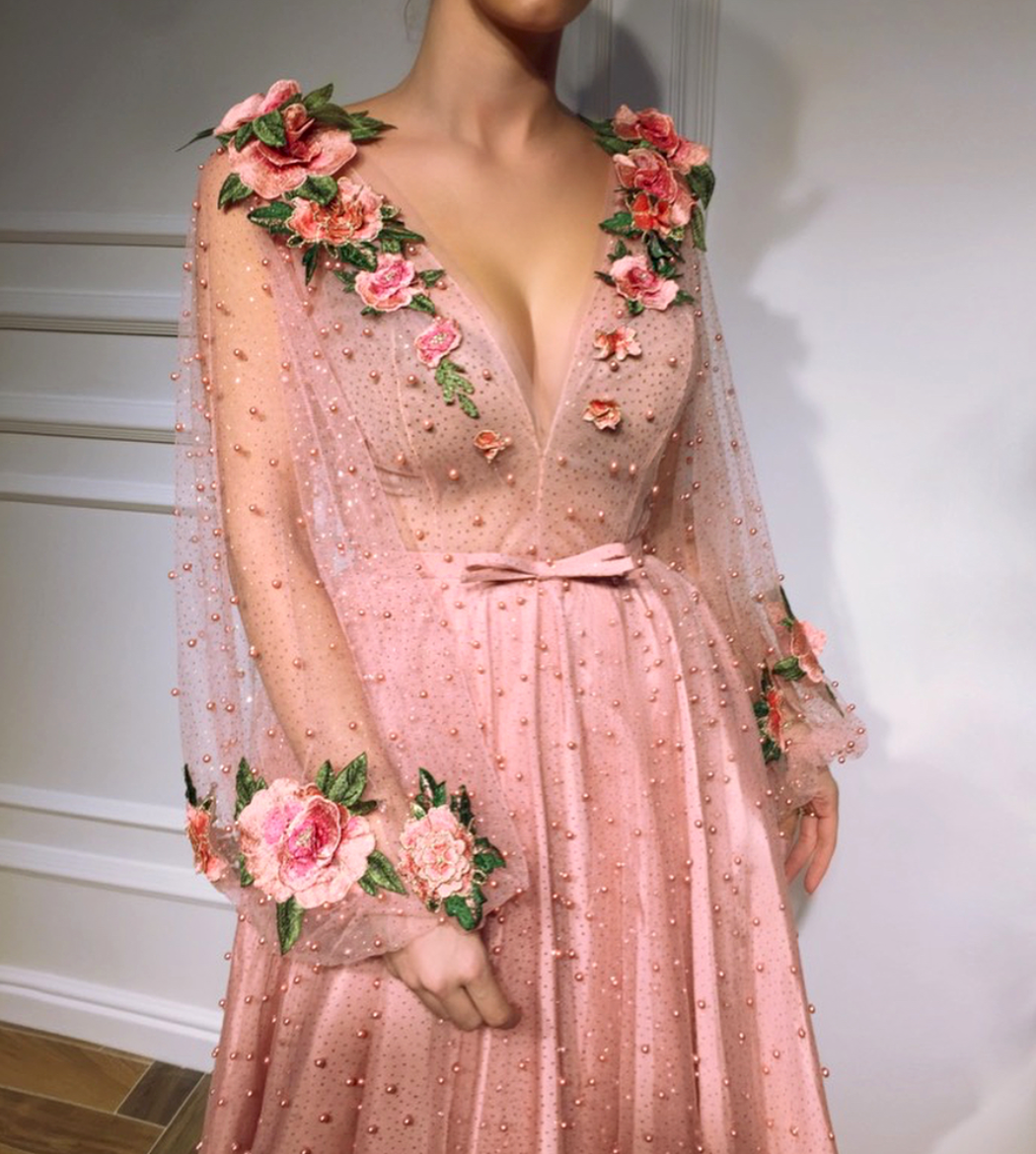 Pink A-Line dress with v-neck, beading, long sleeves and embroidery