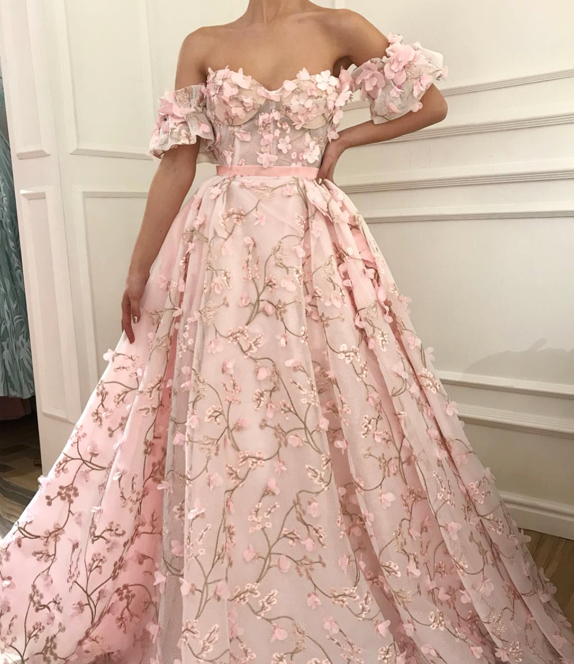 Pink A-Line dress with off the shoulder sleeves and embroidery