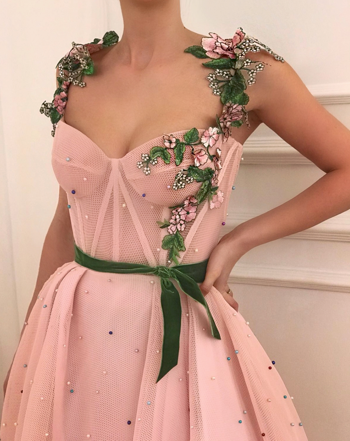Pink A-Line dress with beading, embroidery and straps