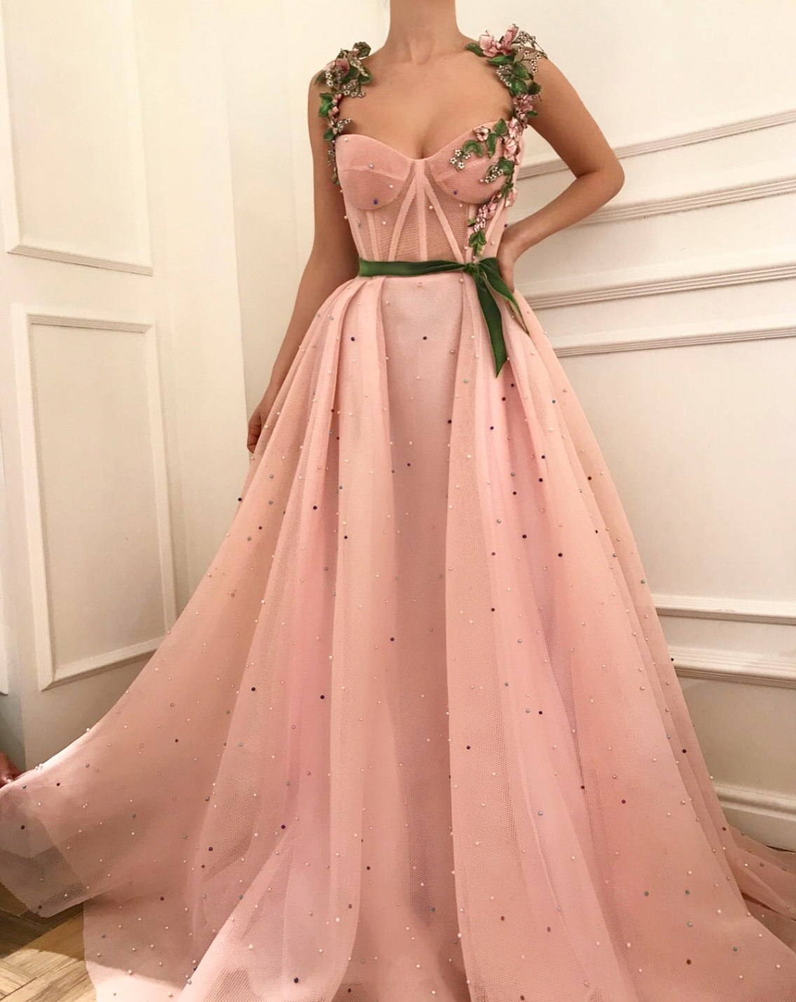 Pink A-Line dress with beading, embroidery and straps