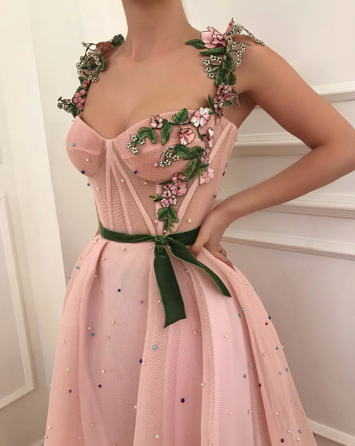 Pink A-Line dress with beading, embroidery and straps
