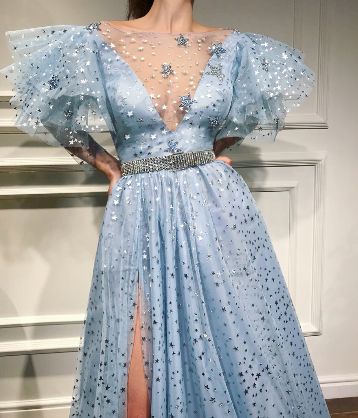 Blue A-Line dress with starry fabric, short sleeves and belt