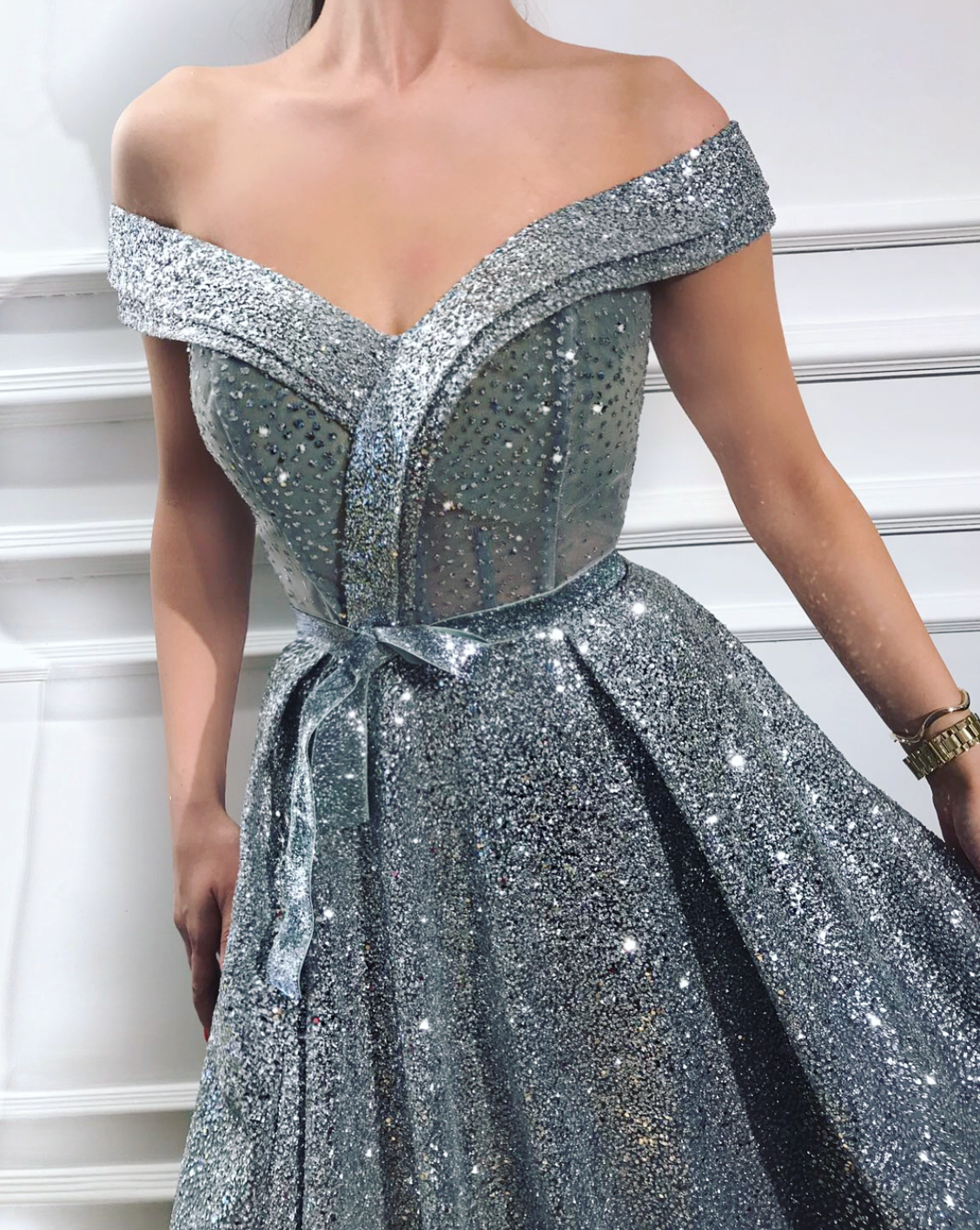 Grey A-Line dress with off the shoulder sleeves