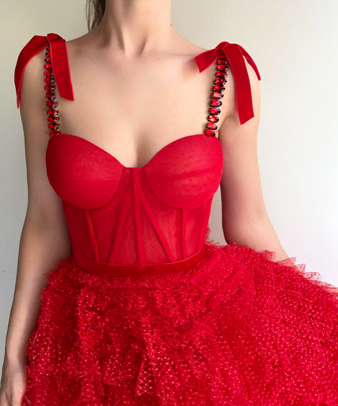 Red A-Line dress with spaghetti straps and embroidery
