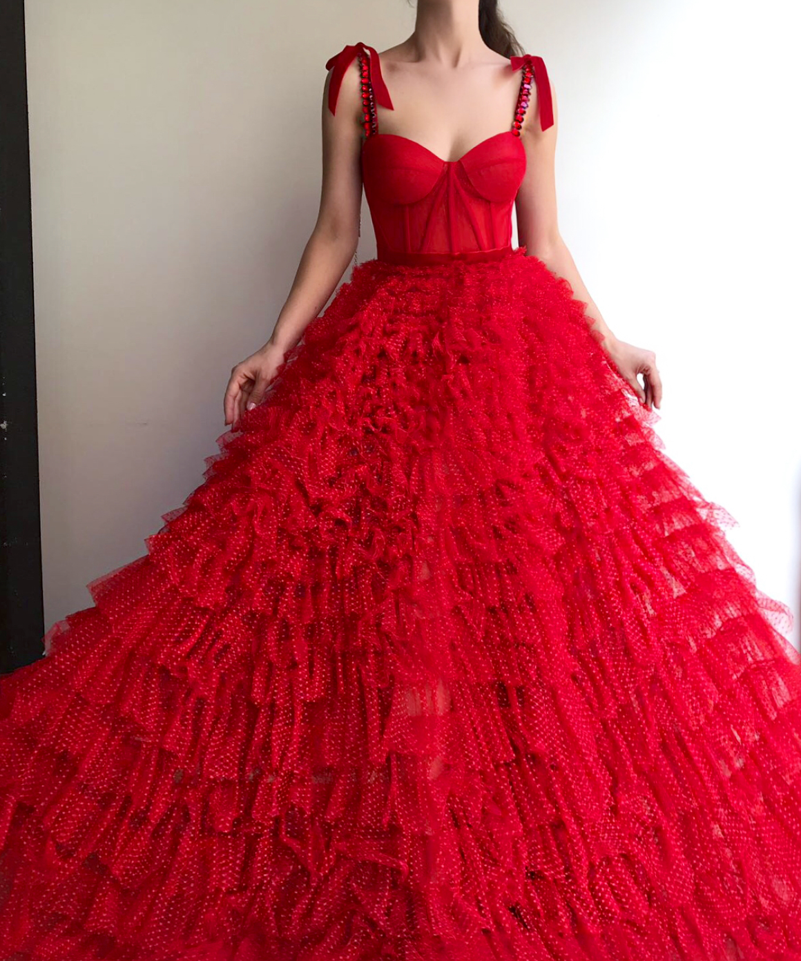 Red A-Line dress with spaghetti straps and embroidery