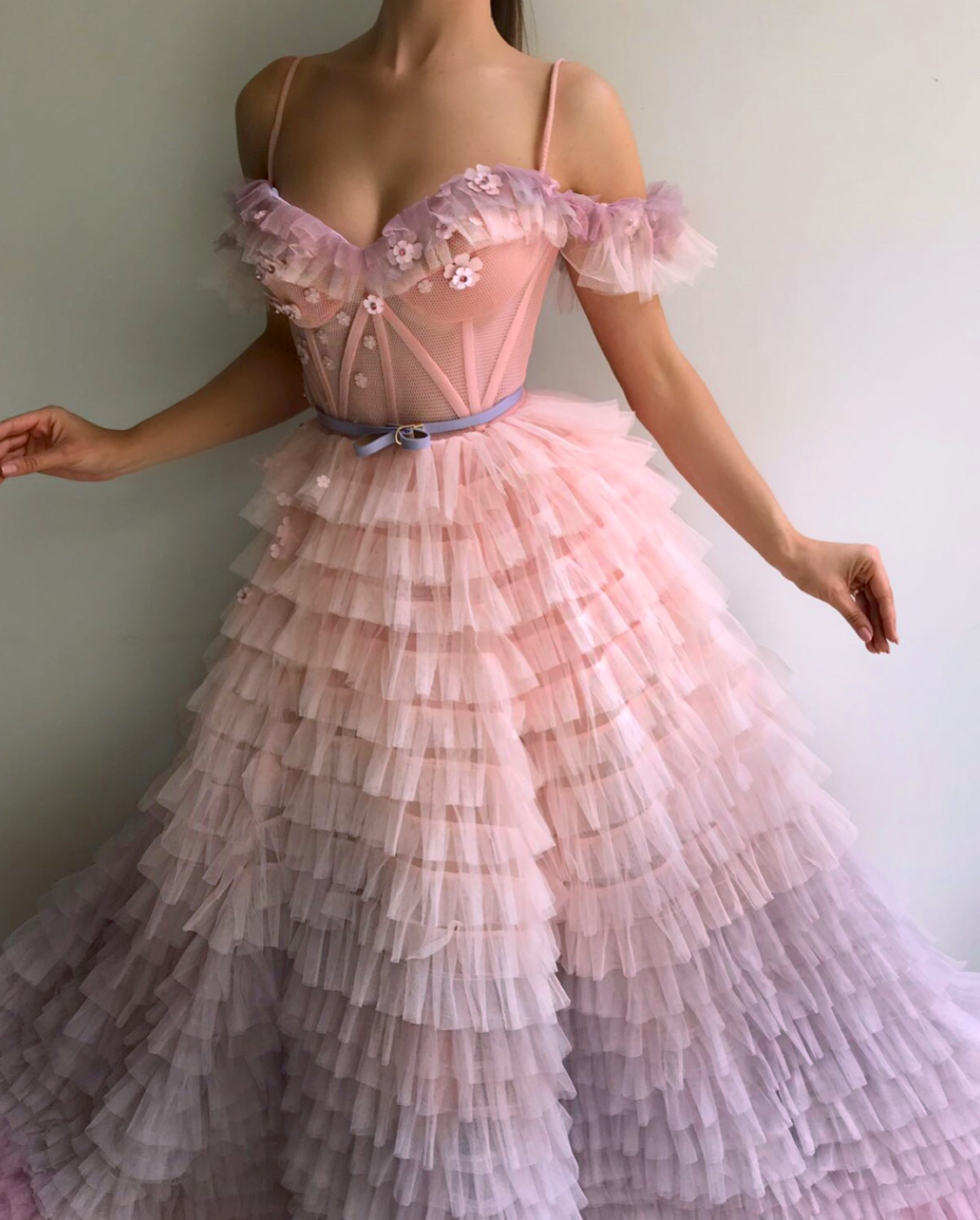 Pink A-Line dress with spaghetti straps, embroidery and off the shoulder sleeves