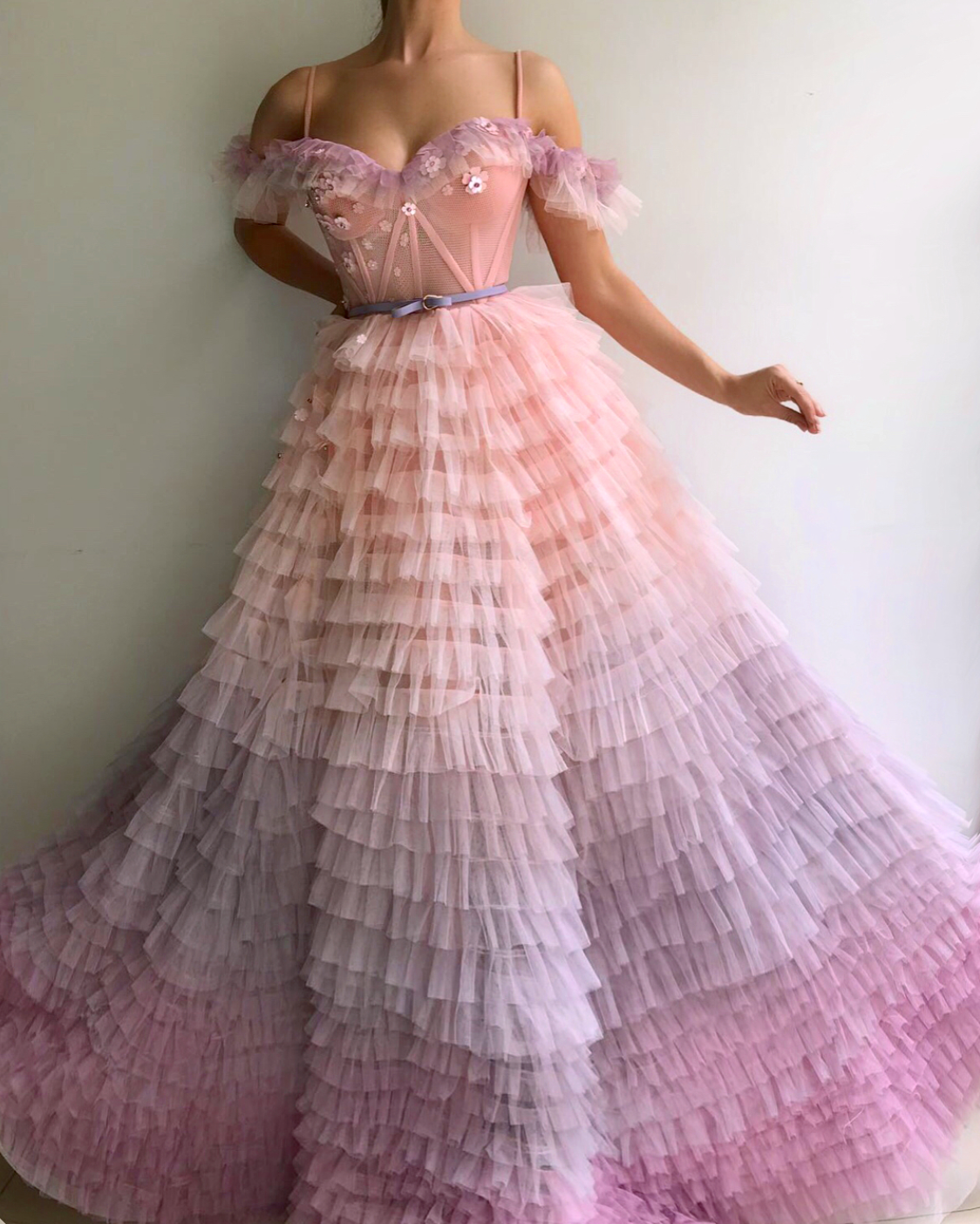 Pink A-Line dress with spaghetti straps, embroidery and off the shoulder sleeves