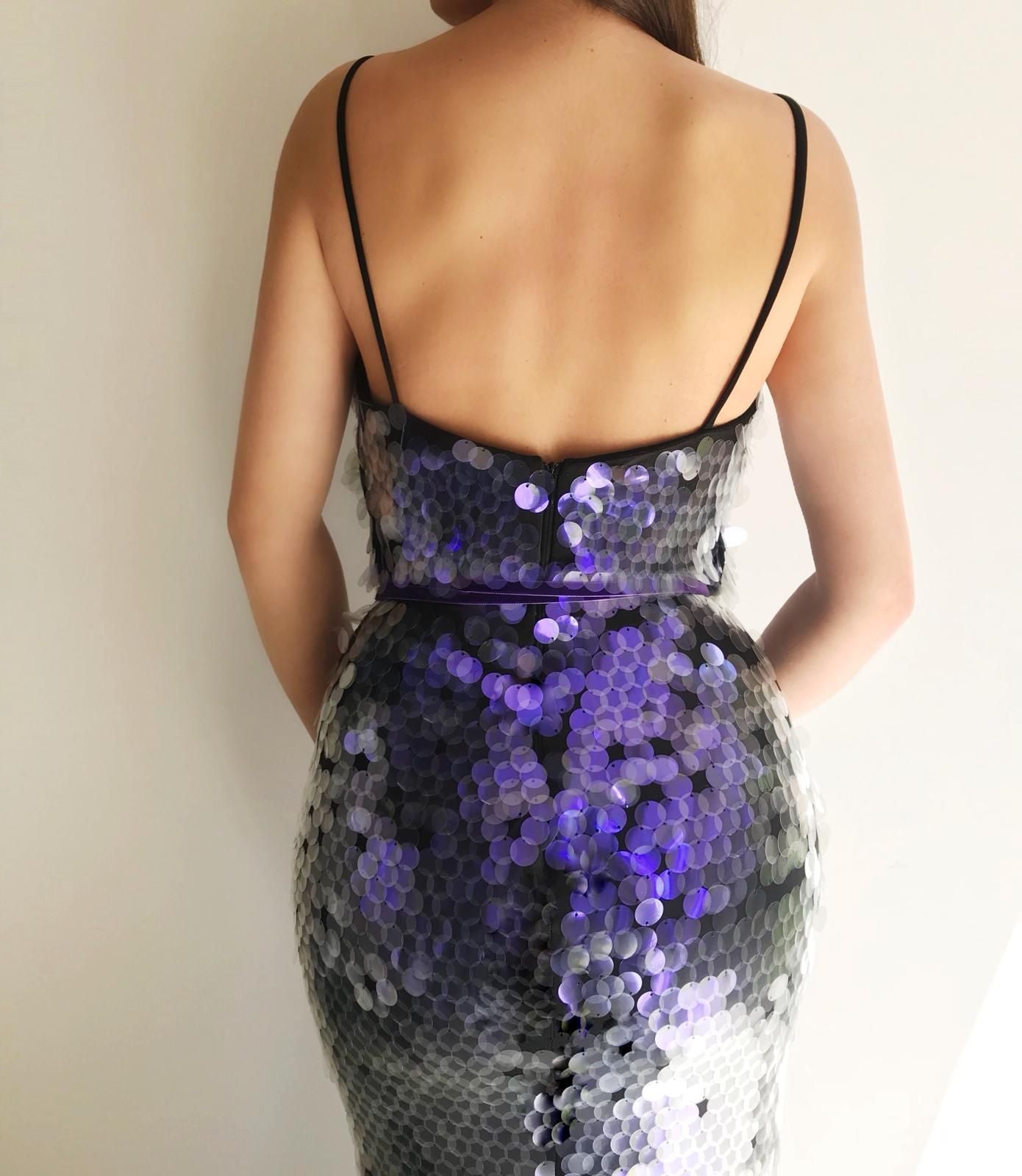 Purple mermaid dress with spaghetti straps and sequins