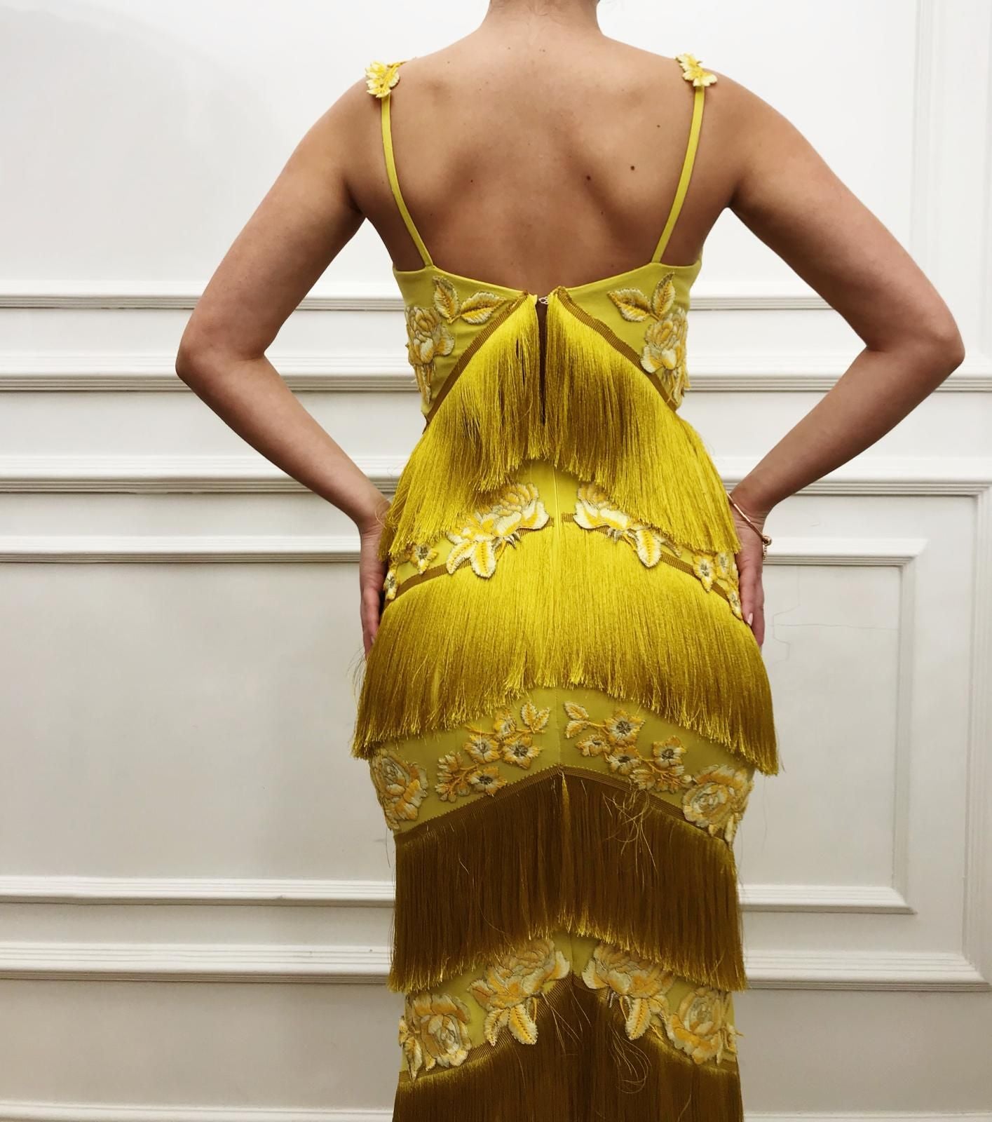 Yellow fringe mermaid dress with straps, v-neck and embroidery