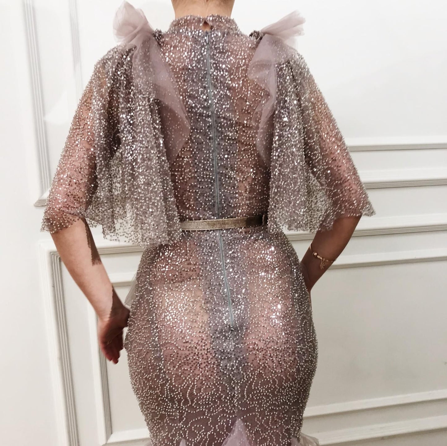 Purple mermaid dress with embroidery, belt and short cape sleeves