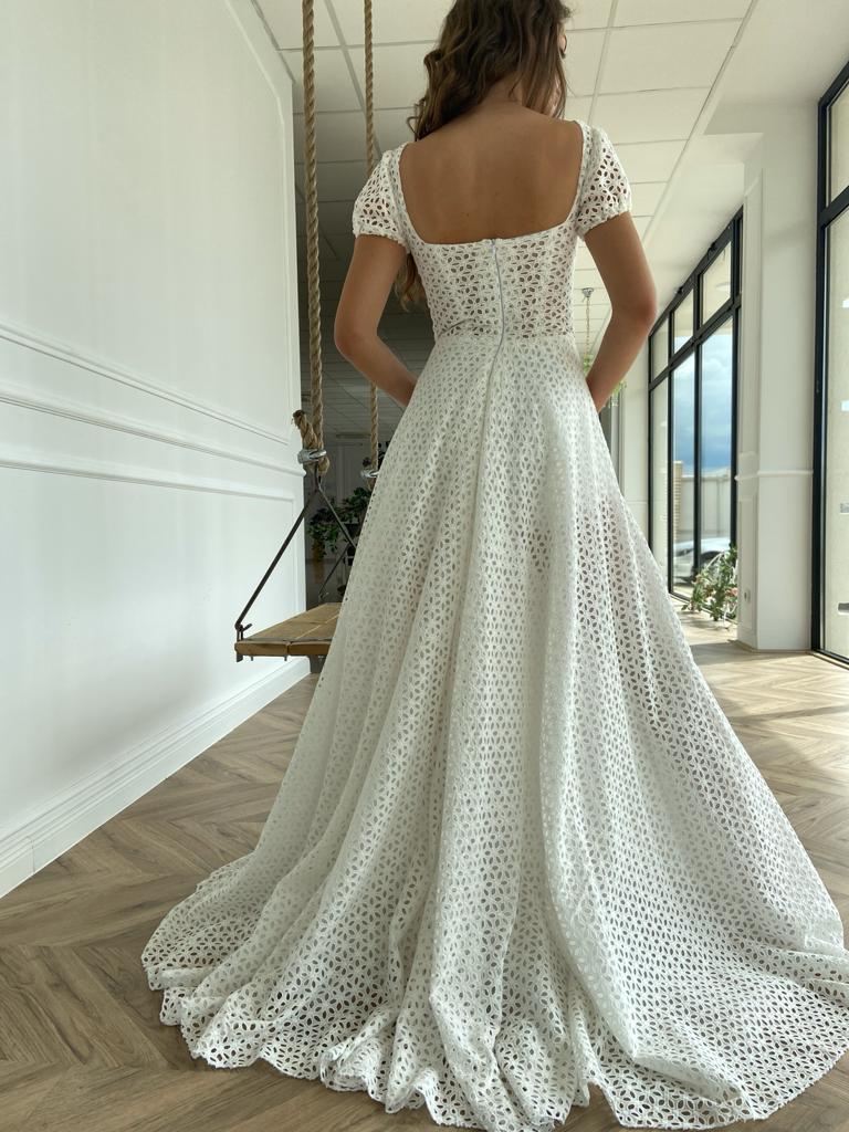 A Line white bridal dress with short sleeves