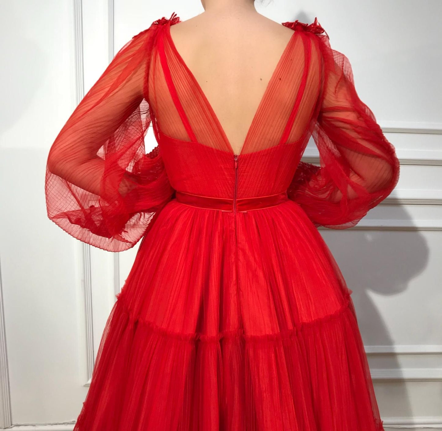 Red A-Line dress with v-neck, long sleeves and embroidery