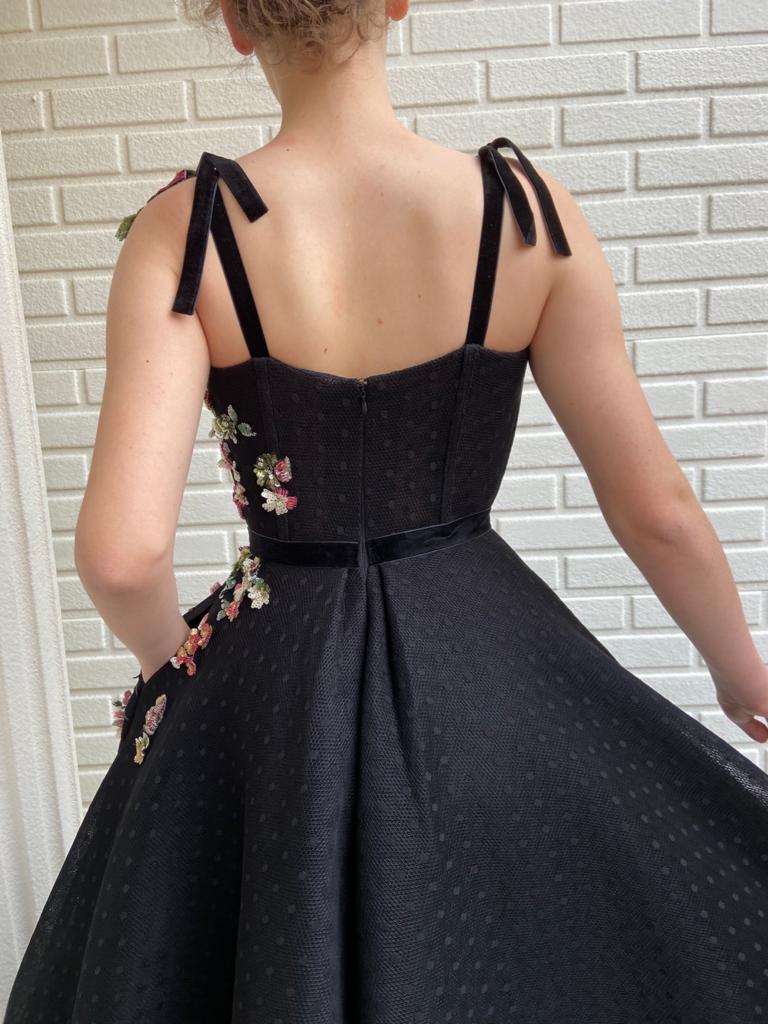 Black A-Line dress with dotted fabric, spaghetti straps and embroidery