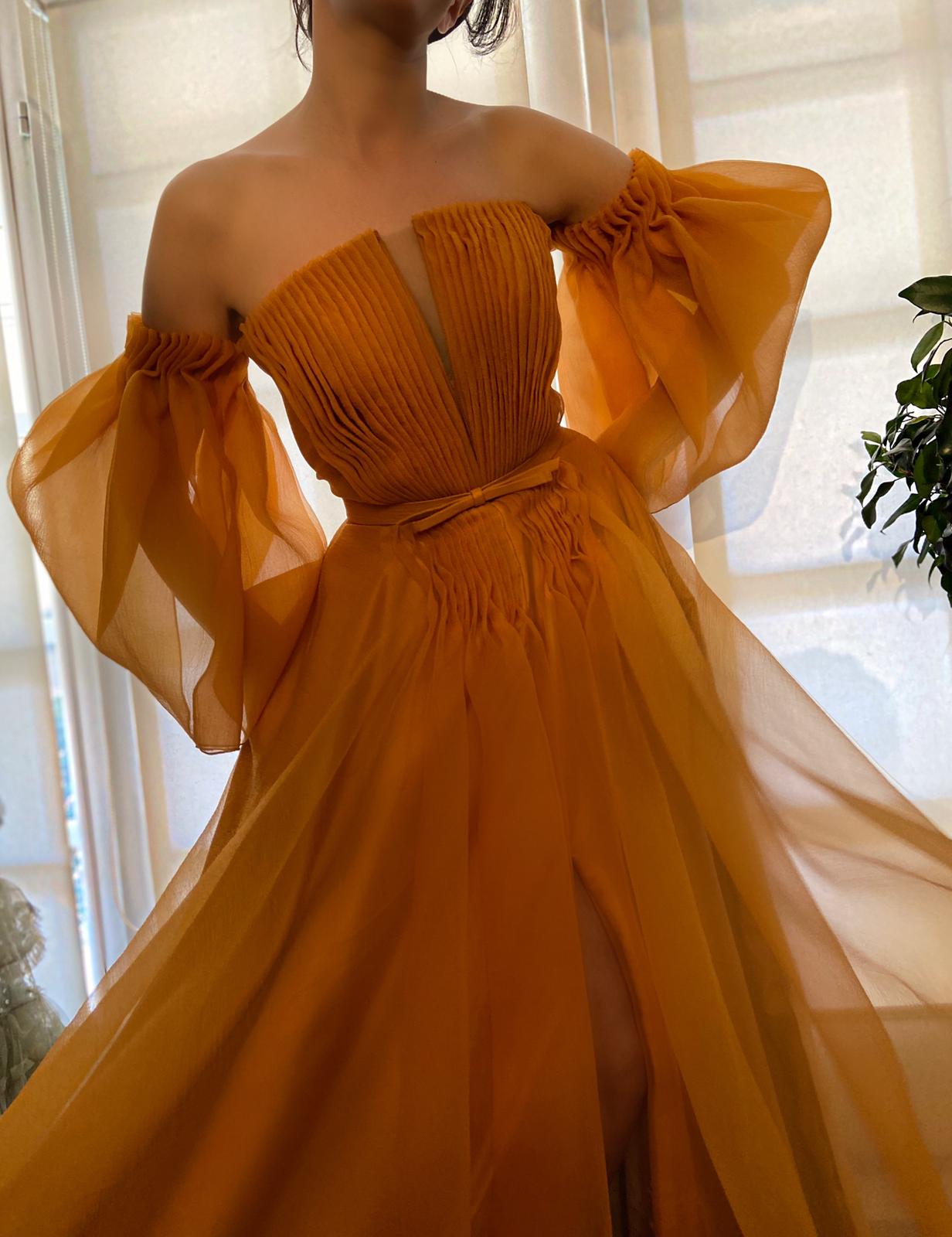 Orange A-Line dress with off the shoulder sleeves