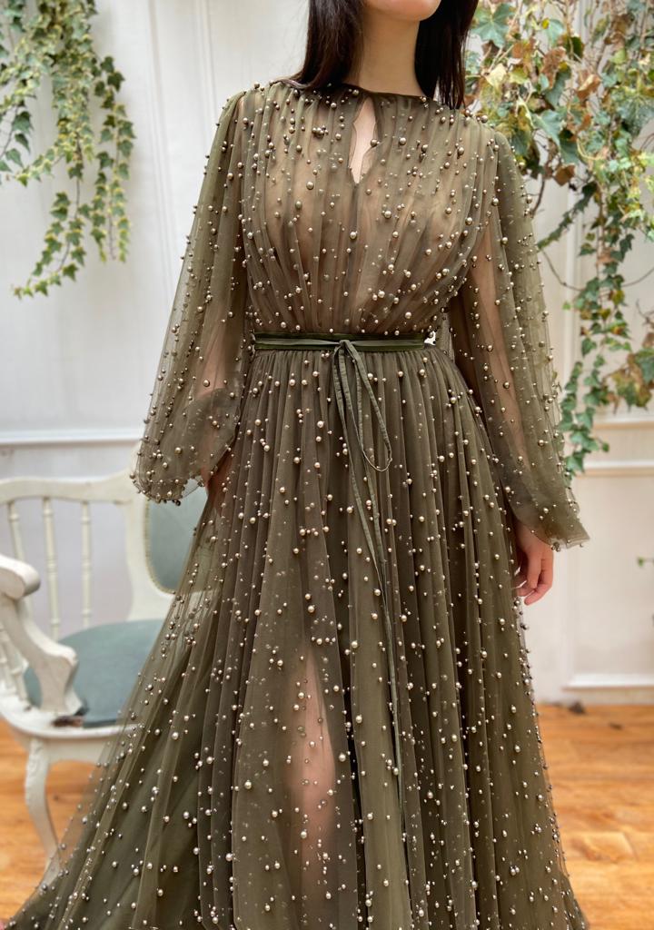 Green A-Line dress with beading and long sleeves