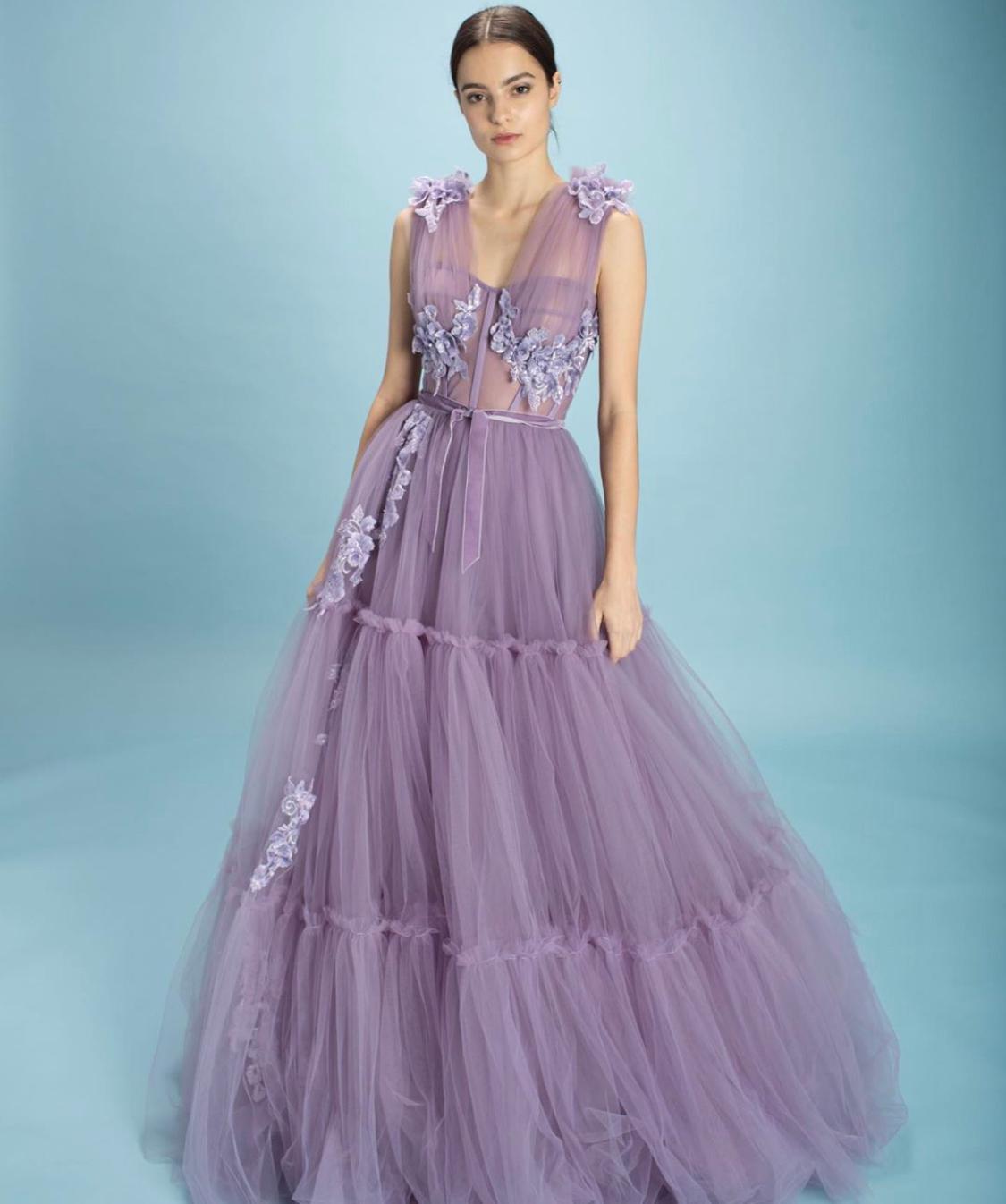 Purple A-Line dress with no sleeves and embroidery