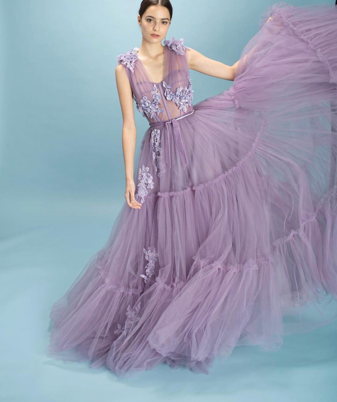 Purple A-Line dress with no sleeves and embroidery