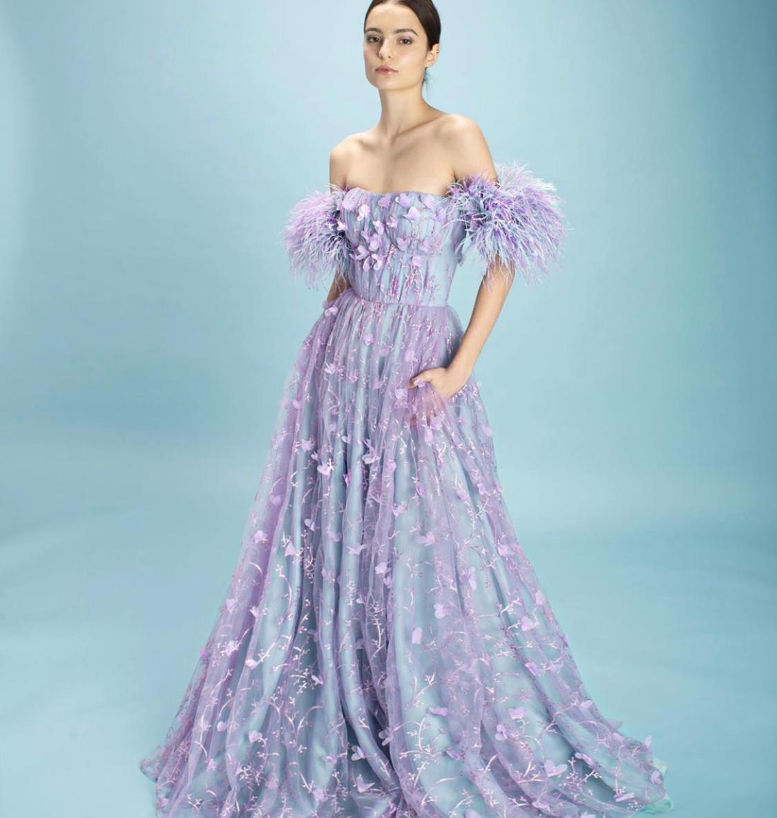 Purple A-Line dress with lace, feathers and off the shoulder sleeves