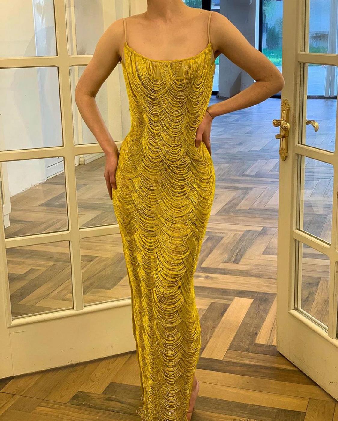 Yellow mermaid dress with spaghetti straps