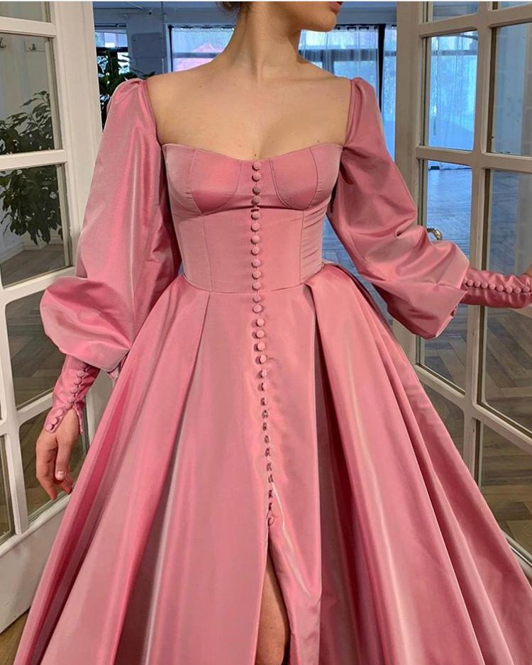 Pink A-Line dress with long off the shoulder sleeves