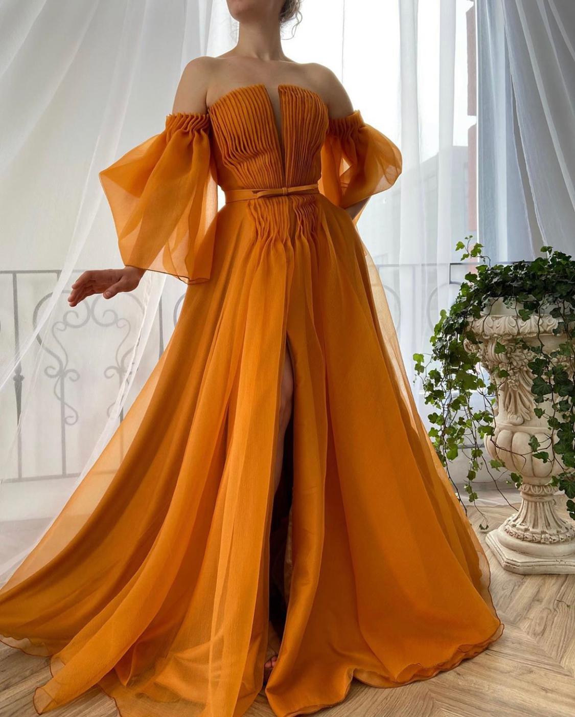 Orange A-Line dress with off the shoulder sleeves
