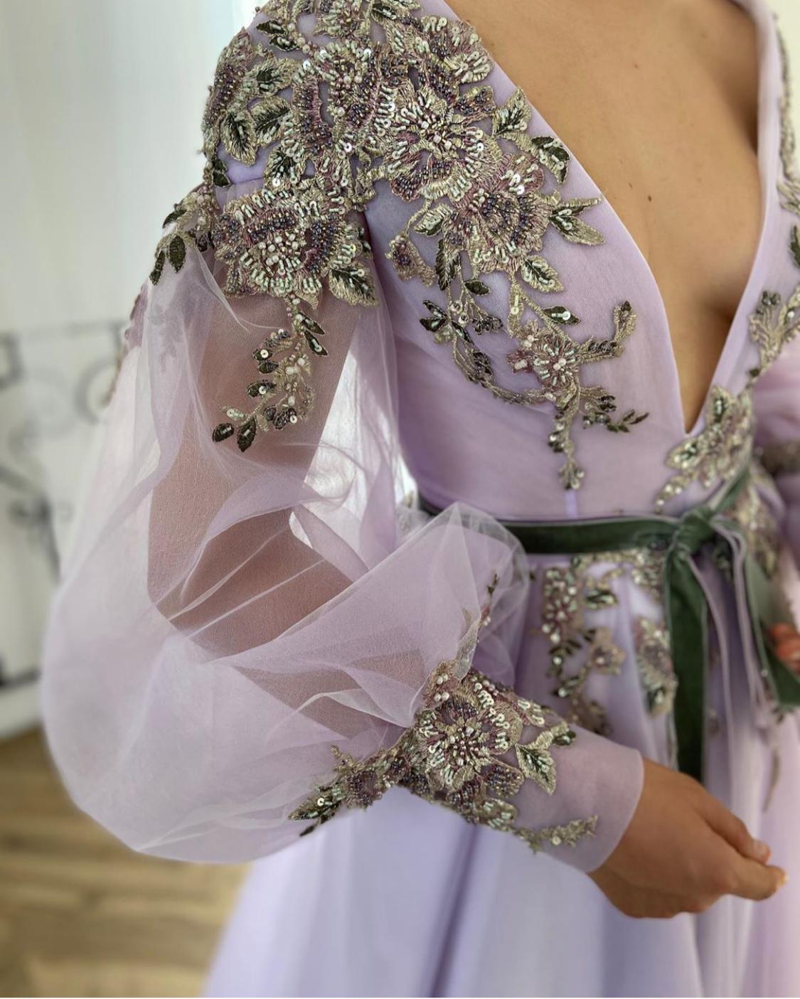 Purple A-Line dress with embroidery, v-neck and long sleeves