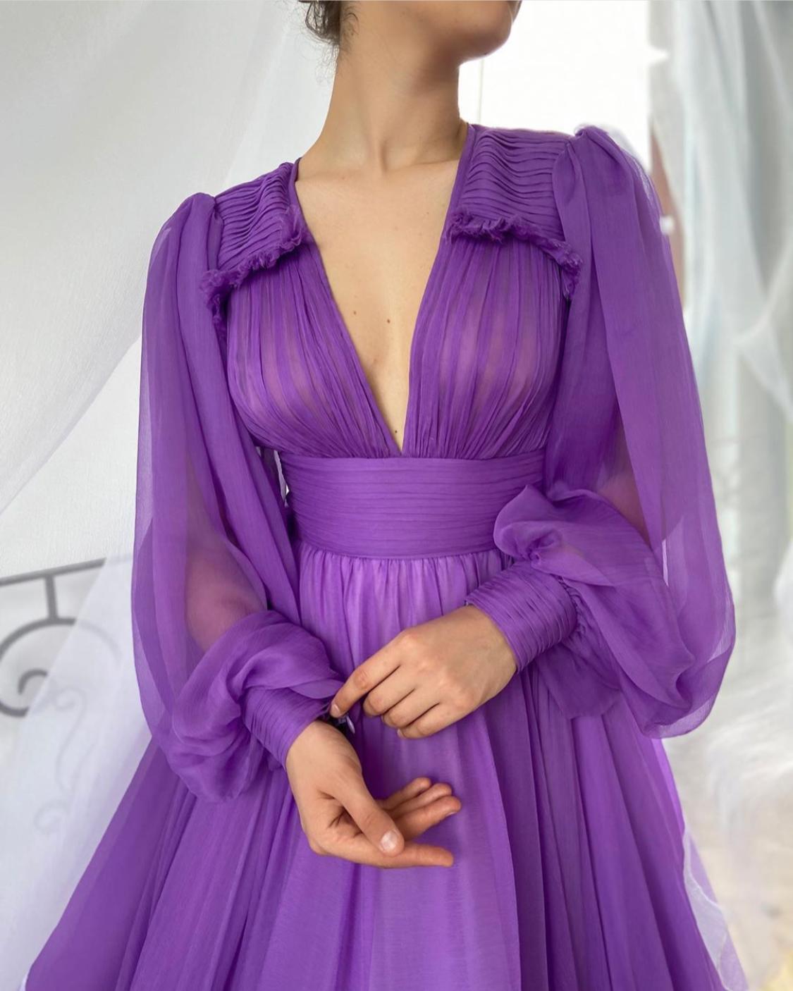 Purple A-Line dress with long sleeves and v-neck
