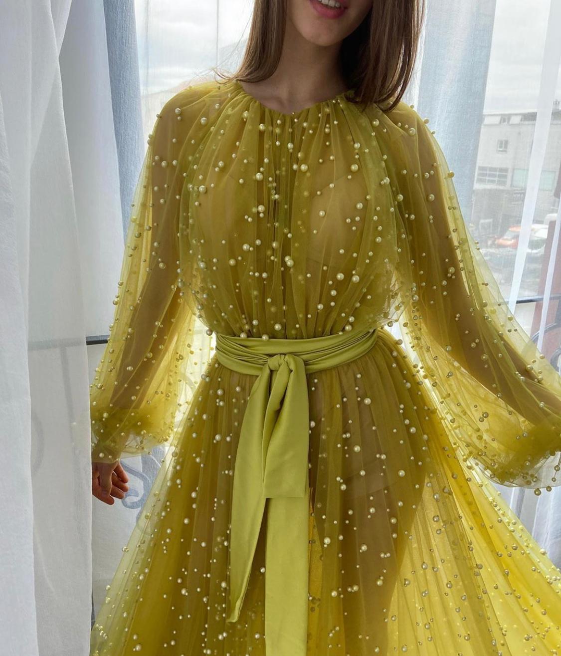 Yellow A-Line dress with beading and long sleeves