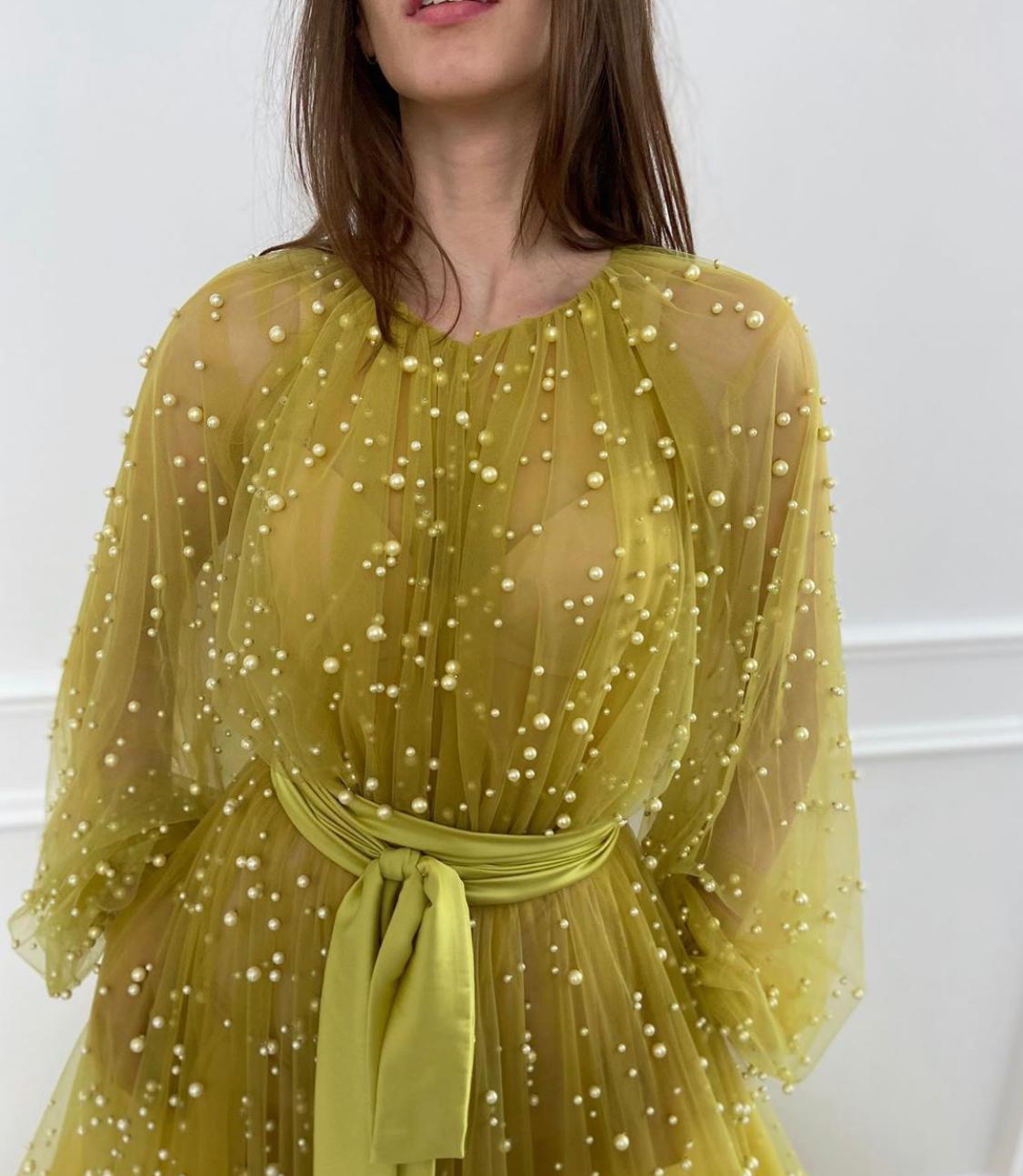 Yellow A-Line dress with beading and long sleeves