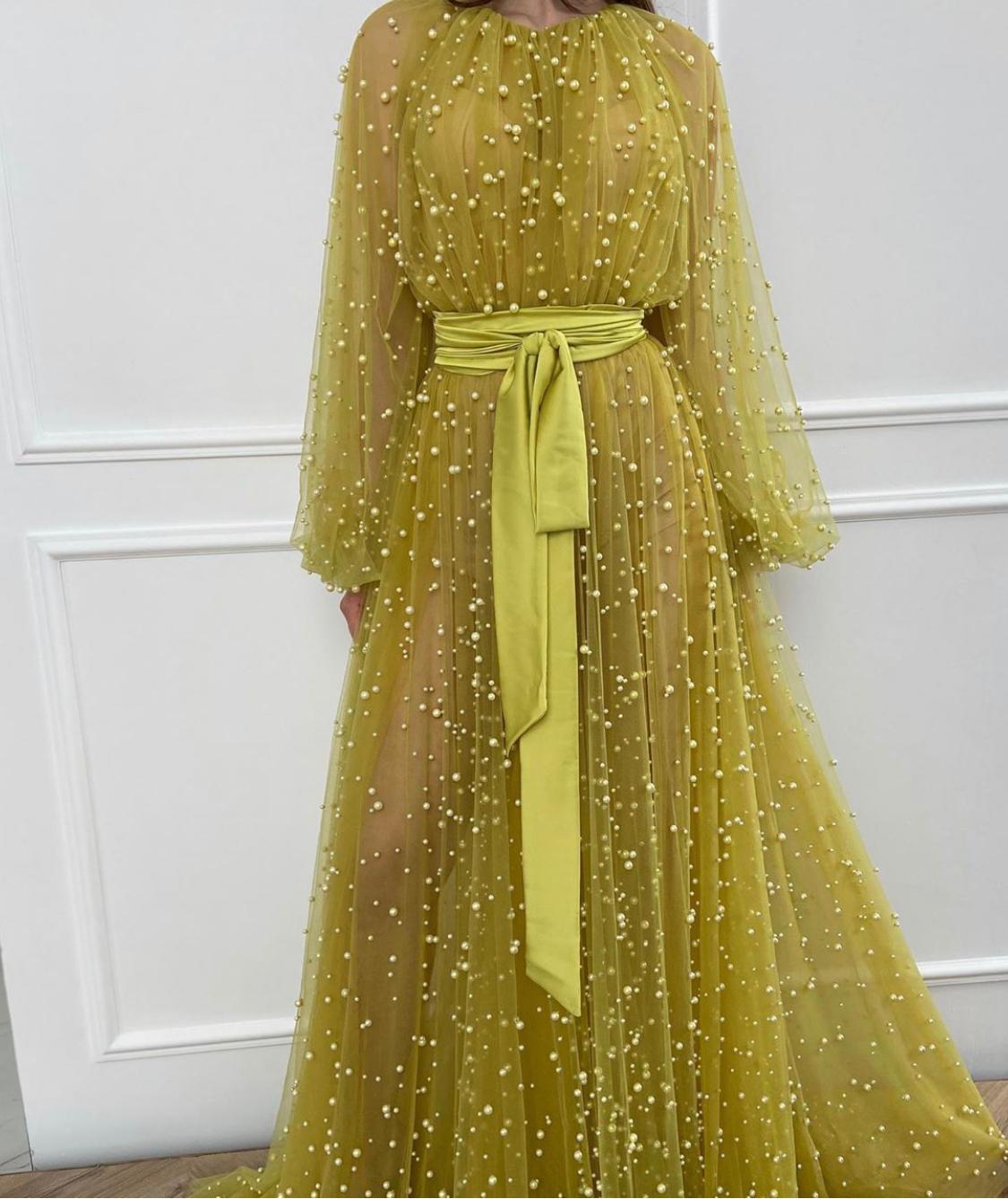 Yellow A-Line dress with beading and long sleeves