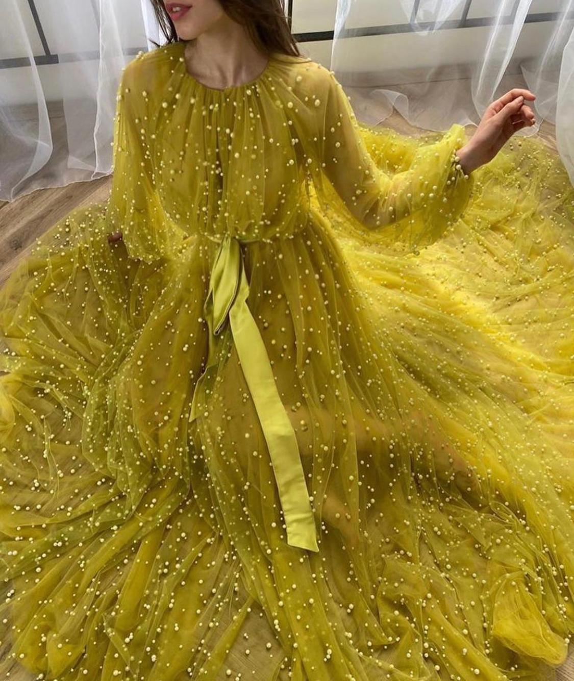 Yellow A-Line dress with beading and long sleeves