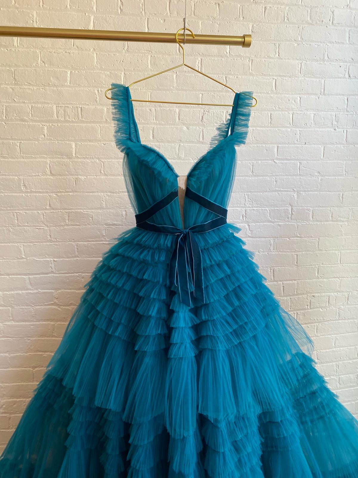 Blue A-Line dress with off the shoulder sleeves and ruffles