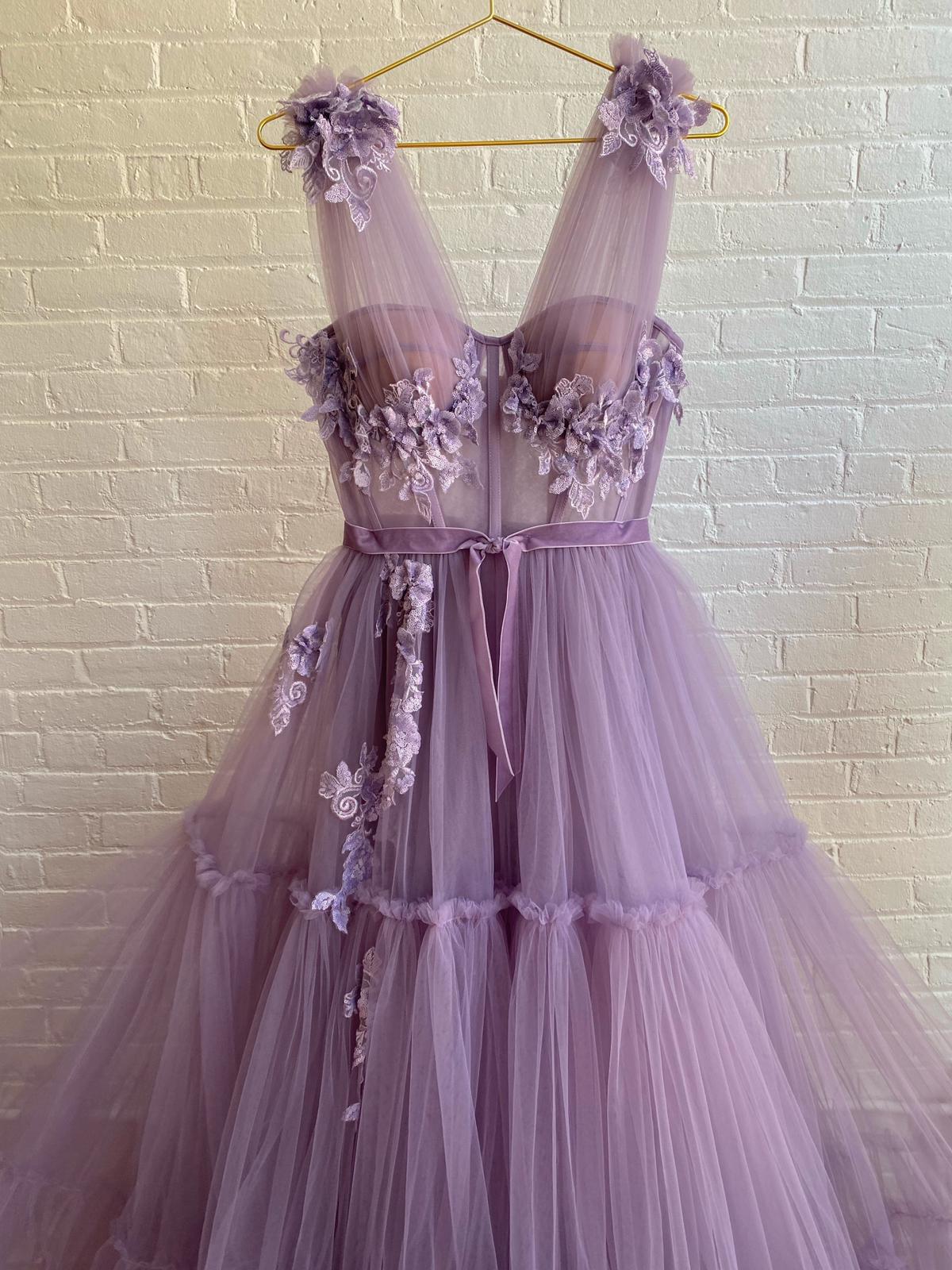 Purple A-Line dress with no sleeves and embroidery
