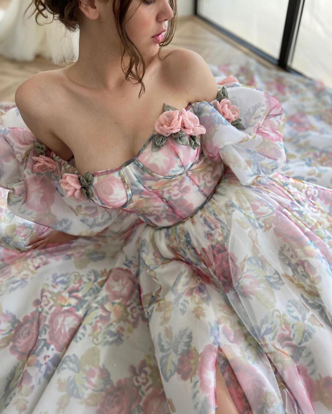 White A-Line dress with embroidery and off the shoulder sleeves