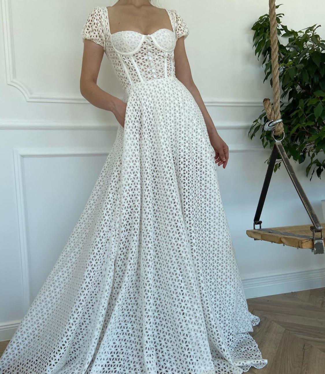 A Line white bridal dress with short sleeves
